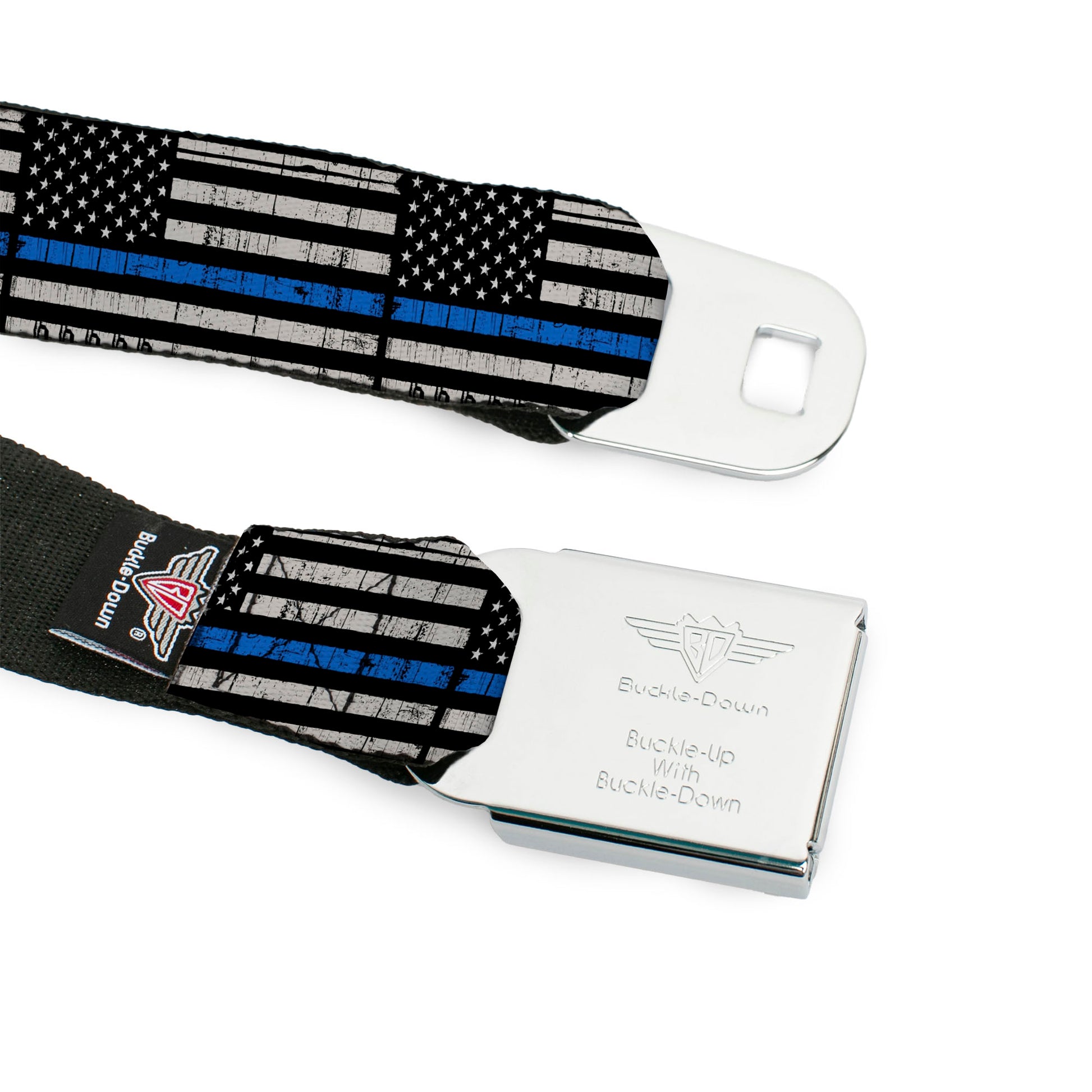 BD Wings Logo CLOSE-UP Black/Silver Seatbelt Belt - Thin Blue Line Flag Weathered Black/Gray/Blue Webbing Seatbelt Belts Buckle-Down