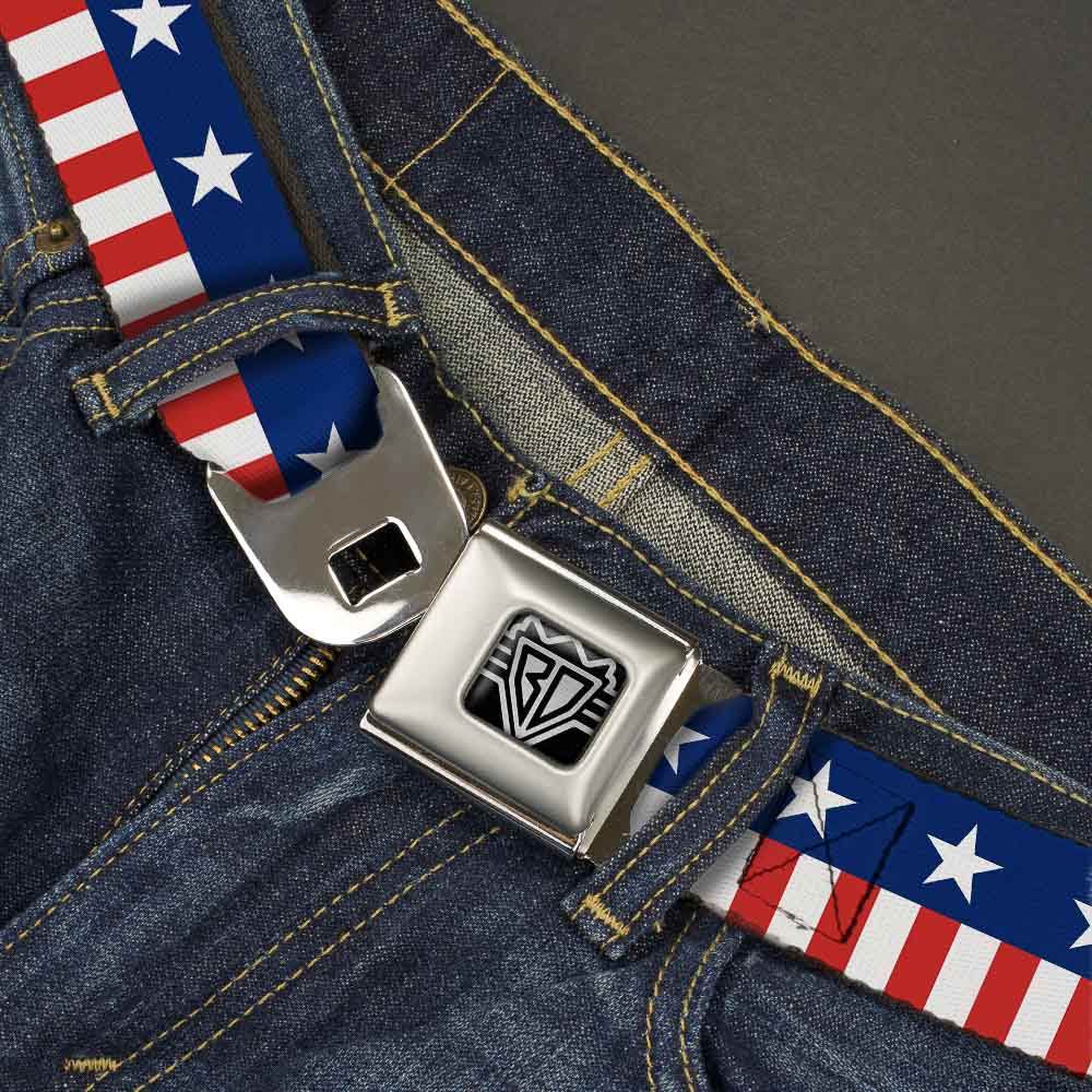 BD Wings Logo CLOSE-UP Full Color Black Silver Seatbelt Belt - Americana Stars & Stripes2 Blue/White/Red/White Webbing Seatbelt Belts Buckle-Down