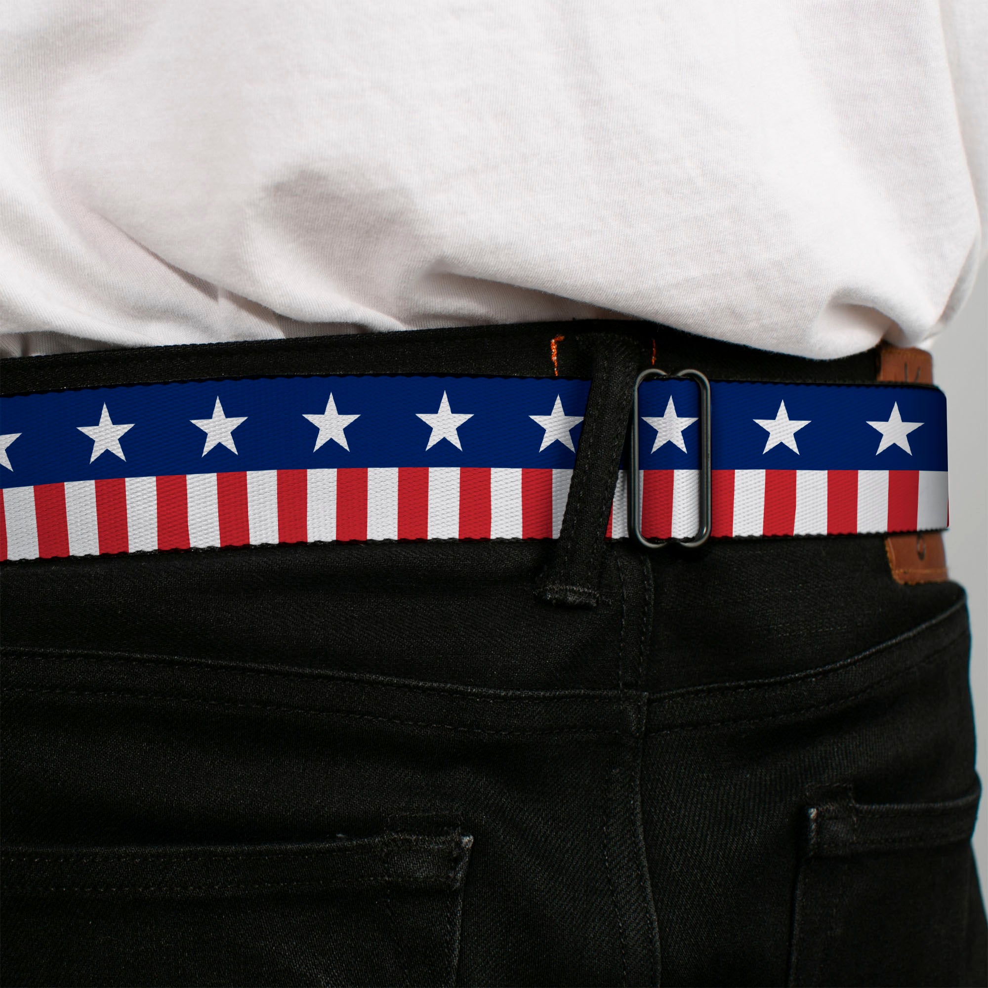 BD Wings Logo CLOSE-UP Full Color Black Silver Seatbelt Belt - Americana Stars & Stripes2 Blue/White/Red/White Webbing Seatbelt Belts Buckle-Down