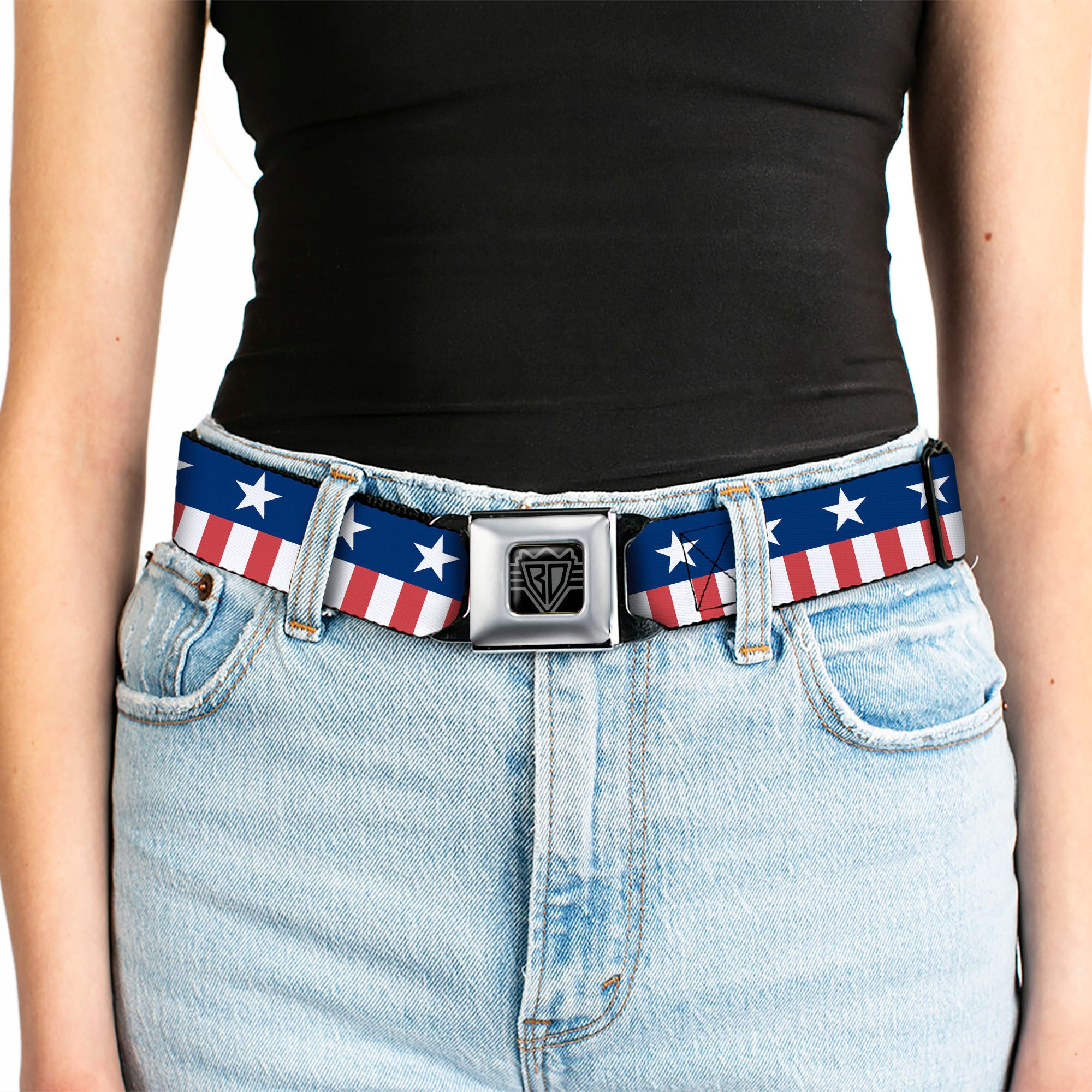 BD Wings Logo CLOSE-UP Full Color Black Silver Seatbelt Belt - Americana Stars & Stripes2 Blue/White/Red/White Webbing Seatbelt Belts Buckle-Down