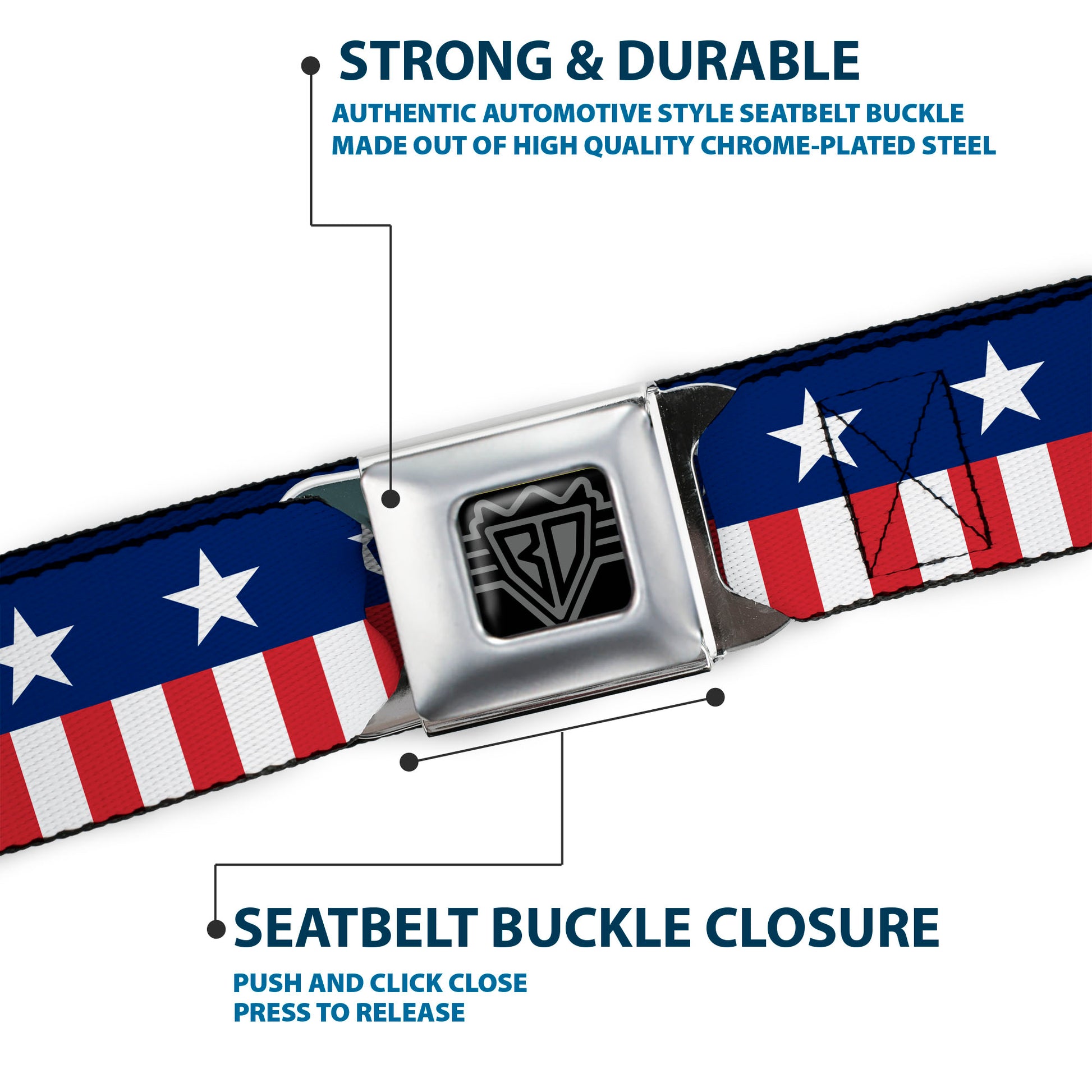 BD Wings Logo CLOSE-UP Full Color Black Silver Seatbelt Belt - Americana Stars & Stripes2 Blue/White/Red/White Webbing Seatbelt Belts Buckle-Down