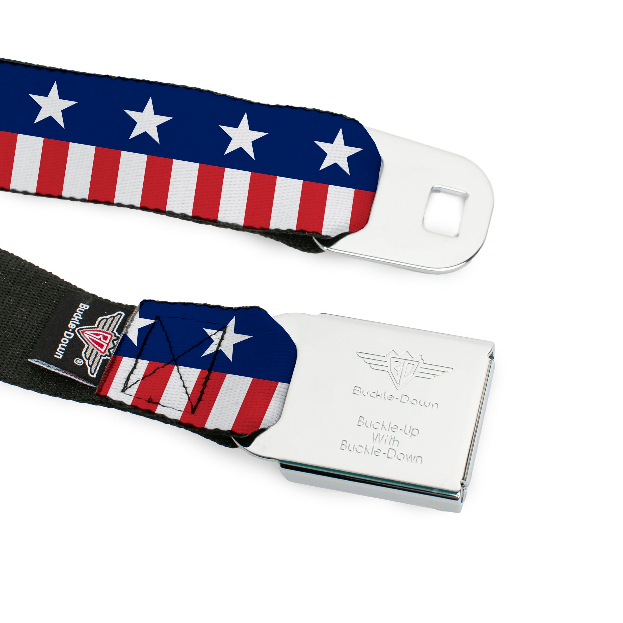 BD Wings Logo CLOSE-UP Full Color Black Silver Seatbelt Belt - Americana Stars & Stripes2 Blue/White/Red/White Webbing Seatbelt Belts Buckle-Down