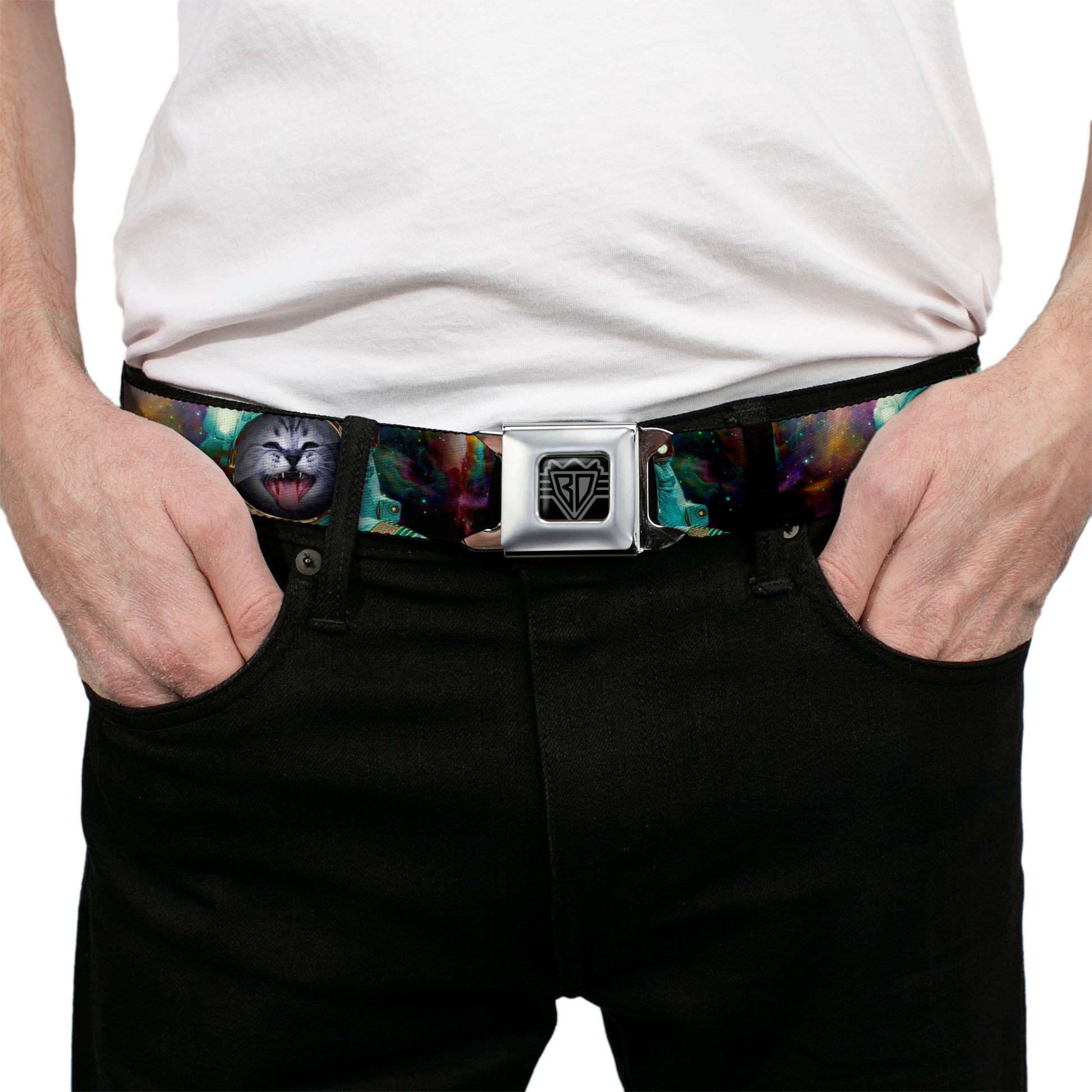 BD Wings Logo CLOSE-UP Full Color Black Silver Seatbelt Belt - Astronaut Cat in Space Webbing Seatbelt Belts Buckle-Down