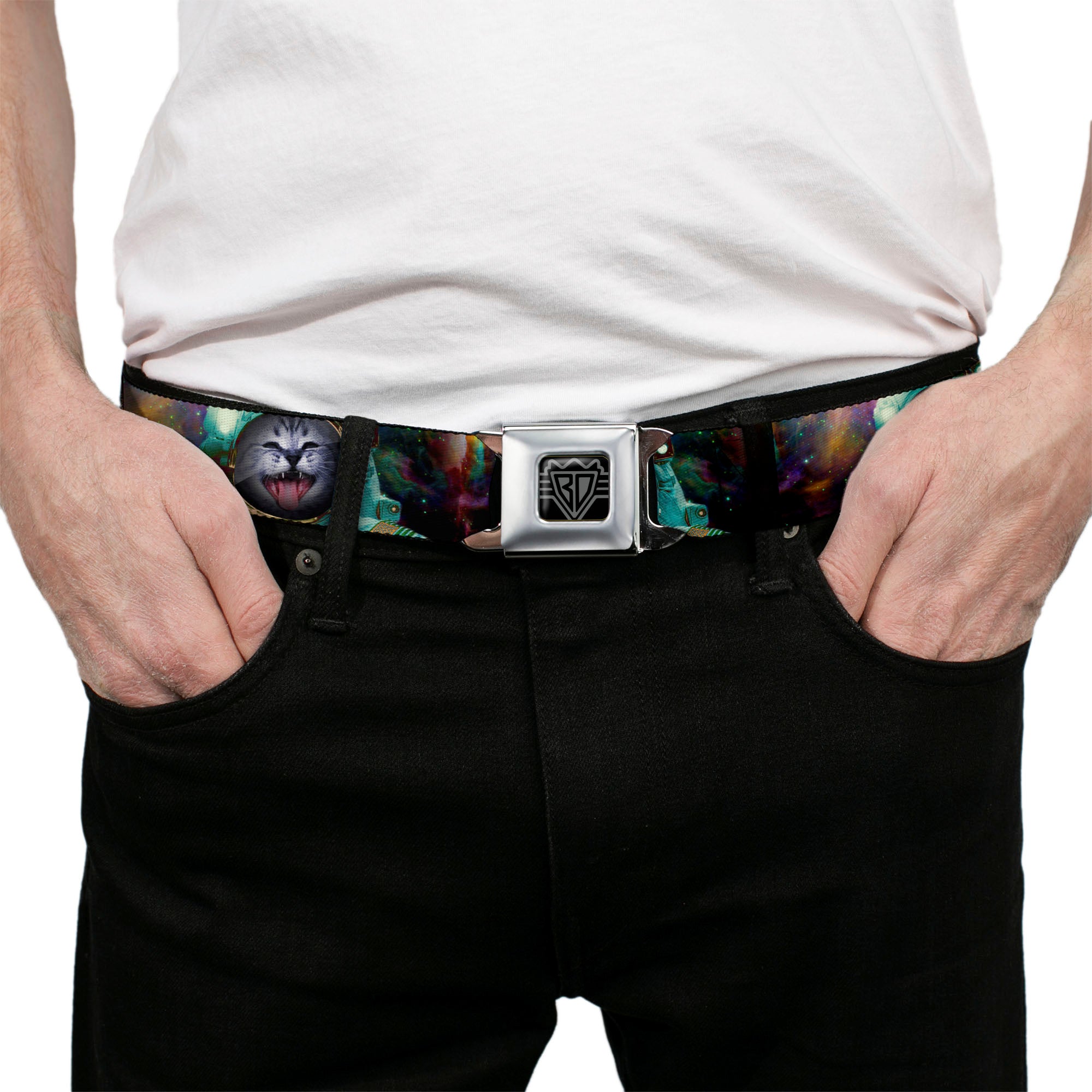BD Wings Logo CLOSE-UP Full Color Black Silver Seatbelt Belt - Astronaut Cat in Space Webbing Seatbelt Belts Buckle-Down