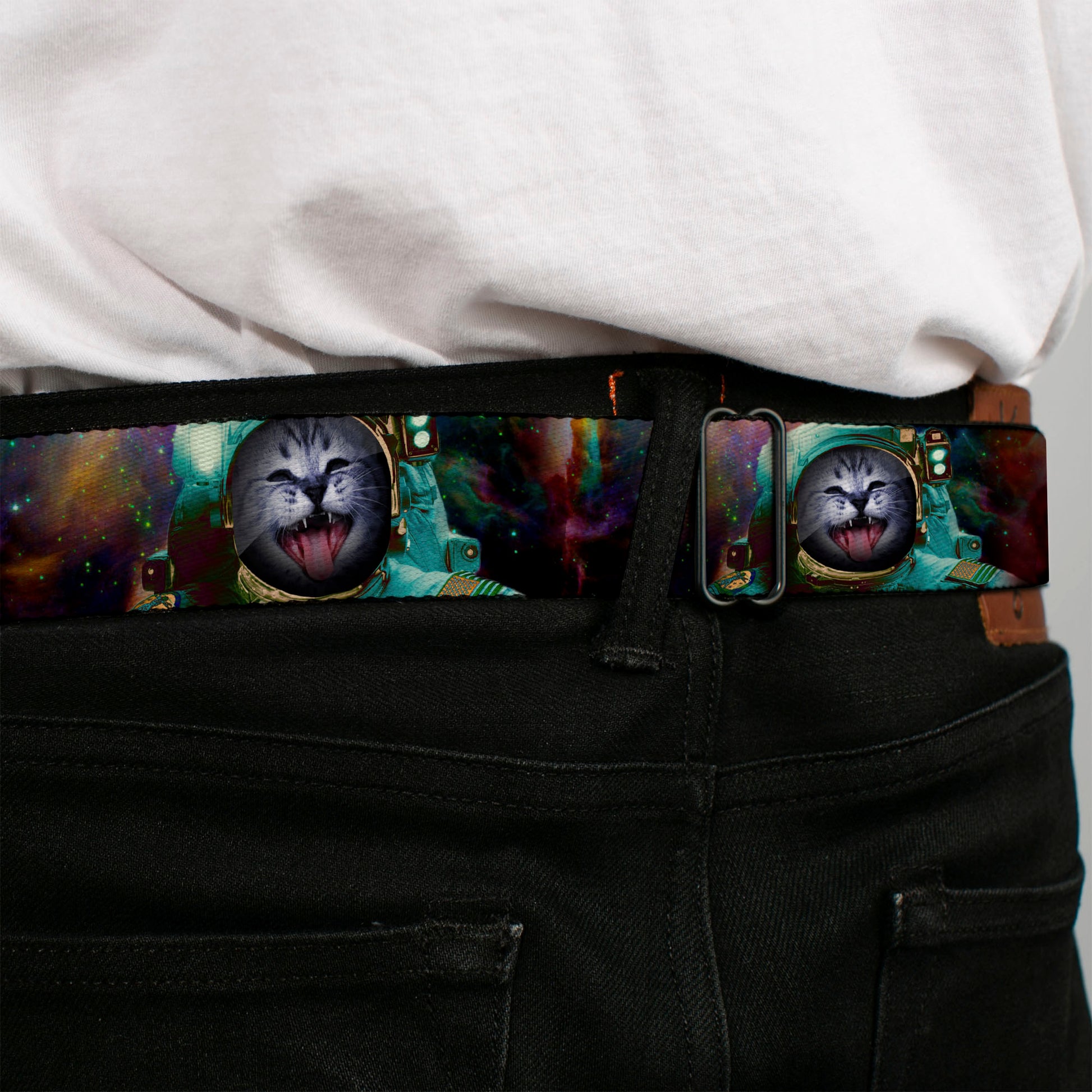BD Wings Logo CLOSE-UP Full Color Black Silver Seatbelt Belt - Astronaut Cat in Space Webbing Seatbelt Belts Buckle-Down