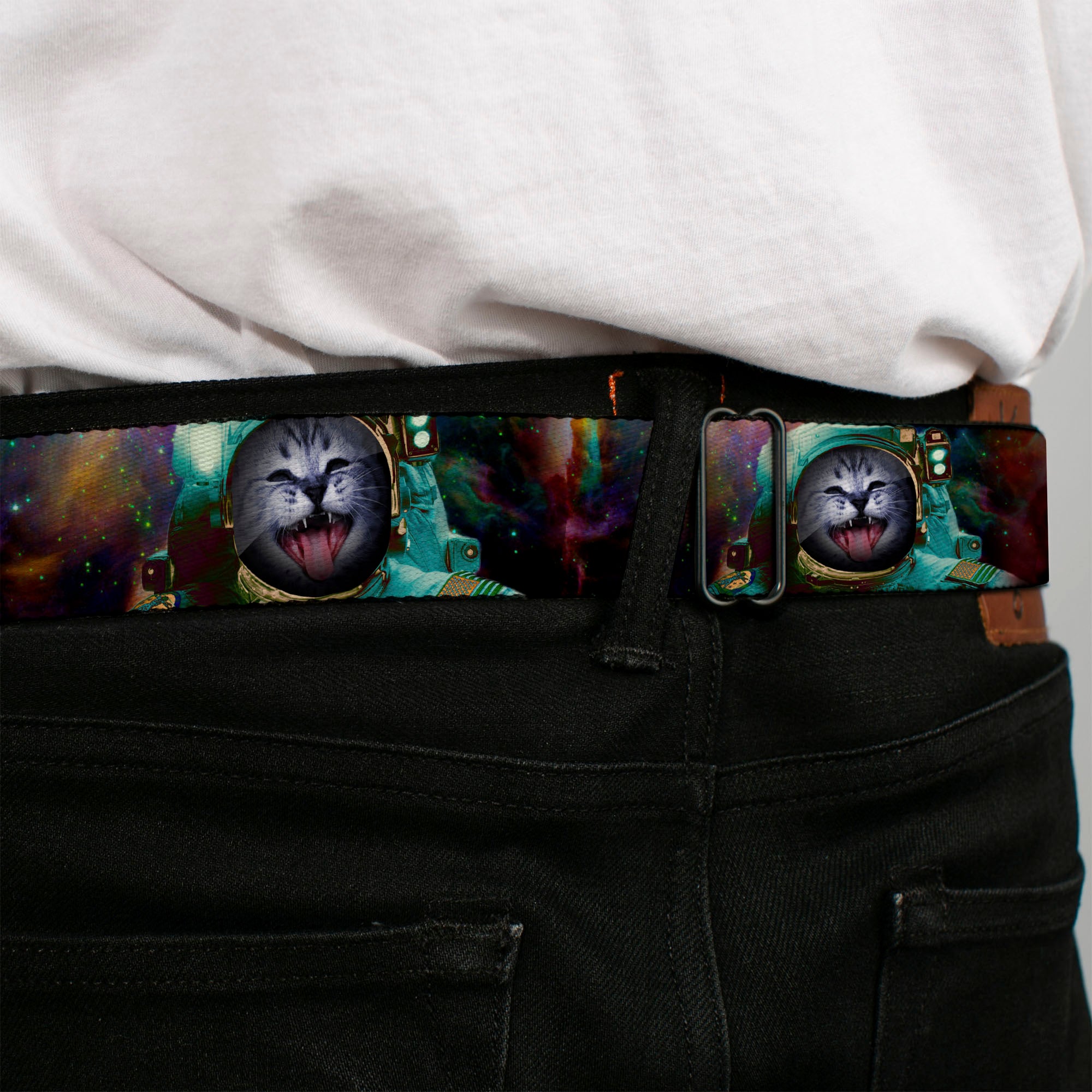 BD Wings Logo CLOSE-UP Full Color Black Silver Seatbelt Belt - Astronaut Cat in Space Webbing Seatbelt Belts Buckle-Down
