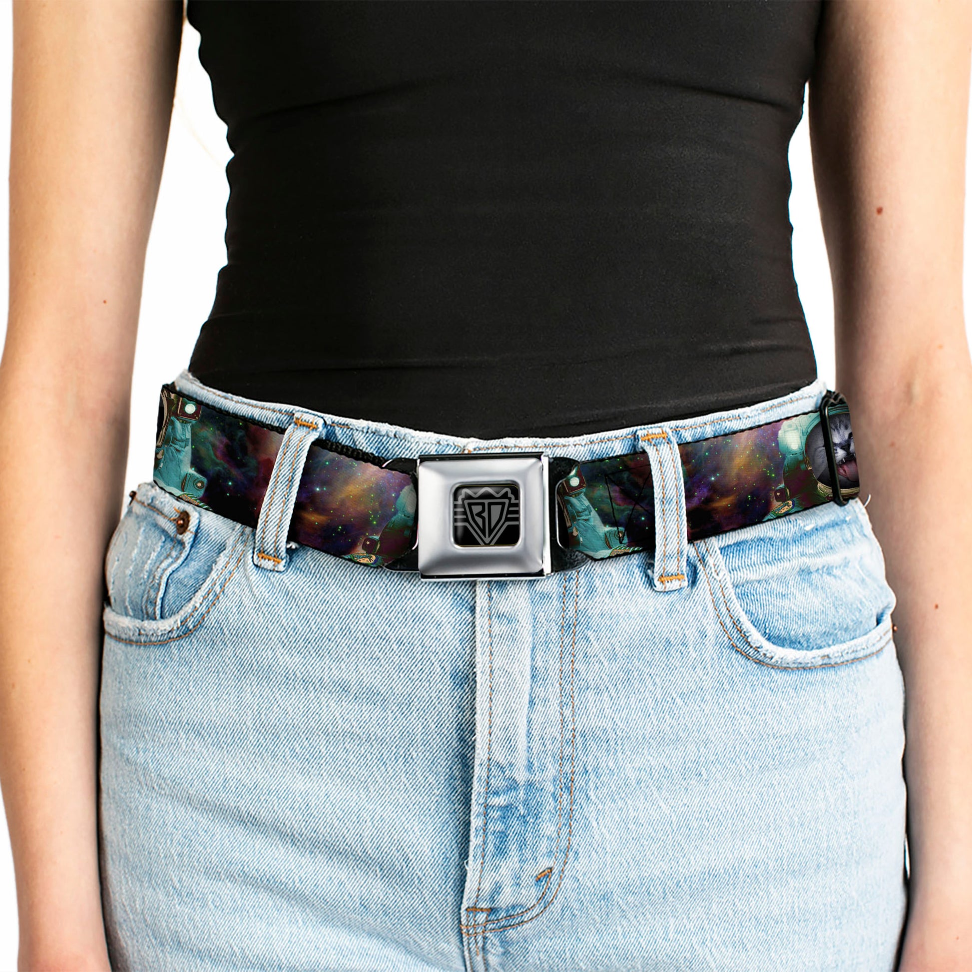 BD Wings Logo CLOSE-UP Full Color Black Silver Seatbelt Belt - Astronaut Cat in Space Webbing Seatbelt Belts Buckle-Down
