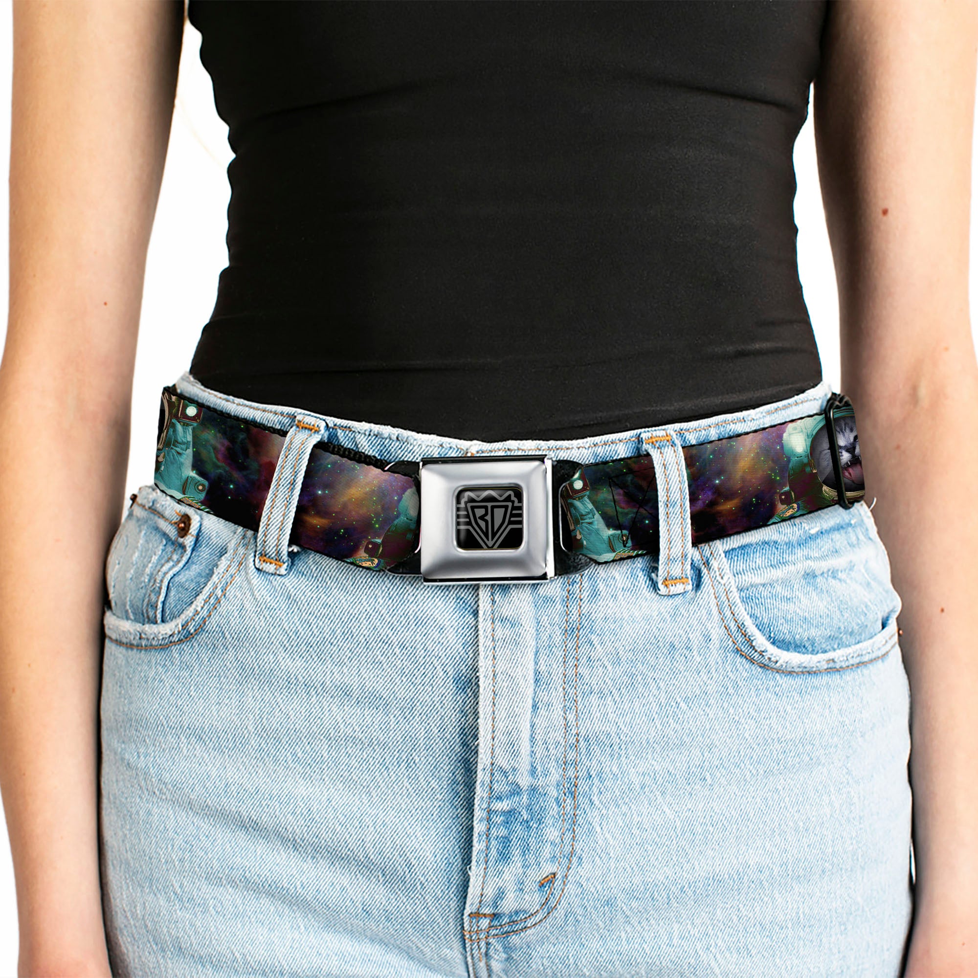 BD Wings Logo CLOSE-UP Full Color Black Silver Seatbelt Belt - Astronaut Cat in Space Webbing Seatbelt Belts Buckle-Down