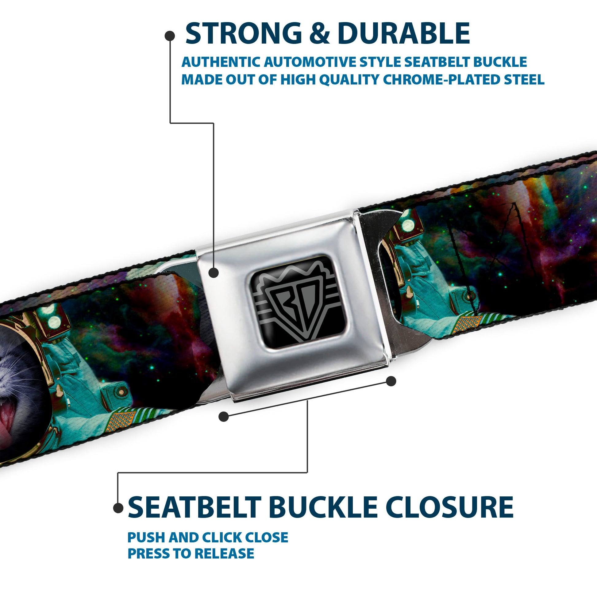 BD Wings Logo CLOSE-UP Full Color Black Silver Seatbelt Belt - Astronaut Cat in Space Webbing Seatbelt Belts Buckle-Down