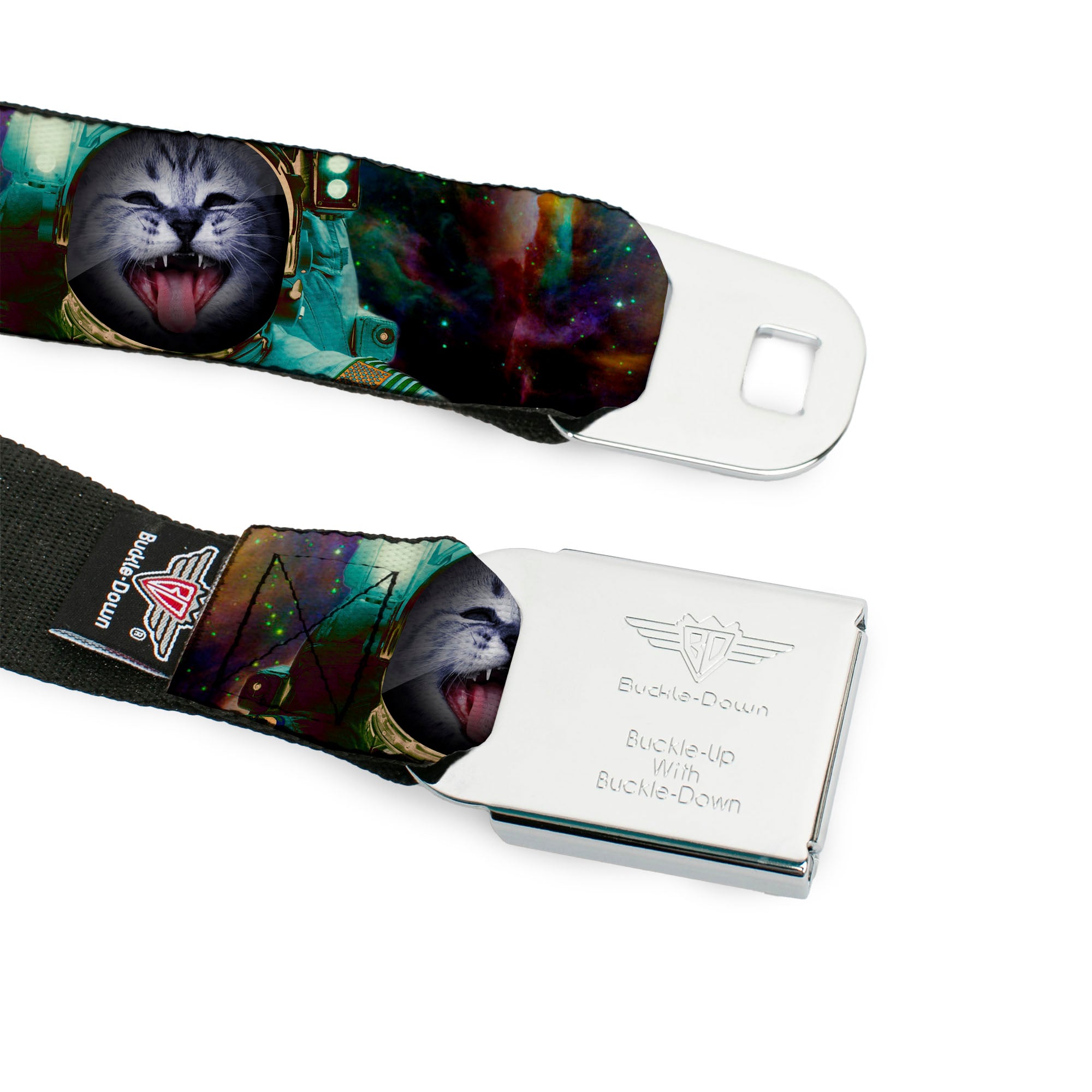 BD Wings Logo CLOSE-UP Full Color Black Silver Seatbelt Belt - Astronaut Cat in Space Webbing Seatbelt Belts Buckle-Down