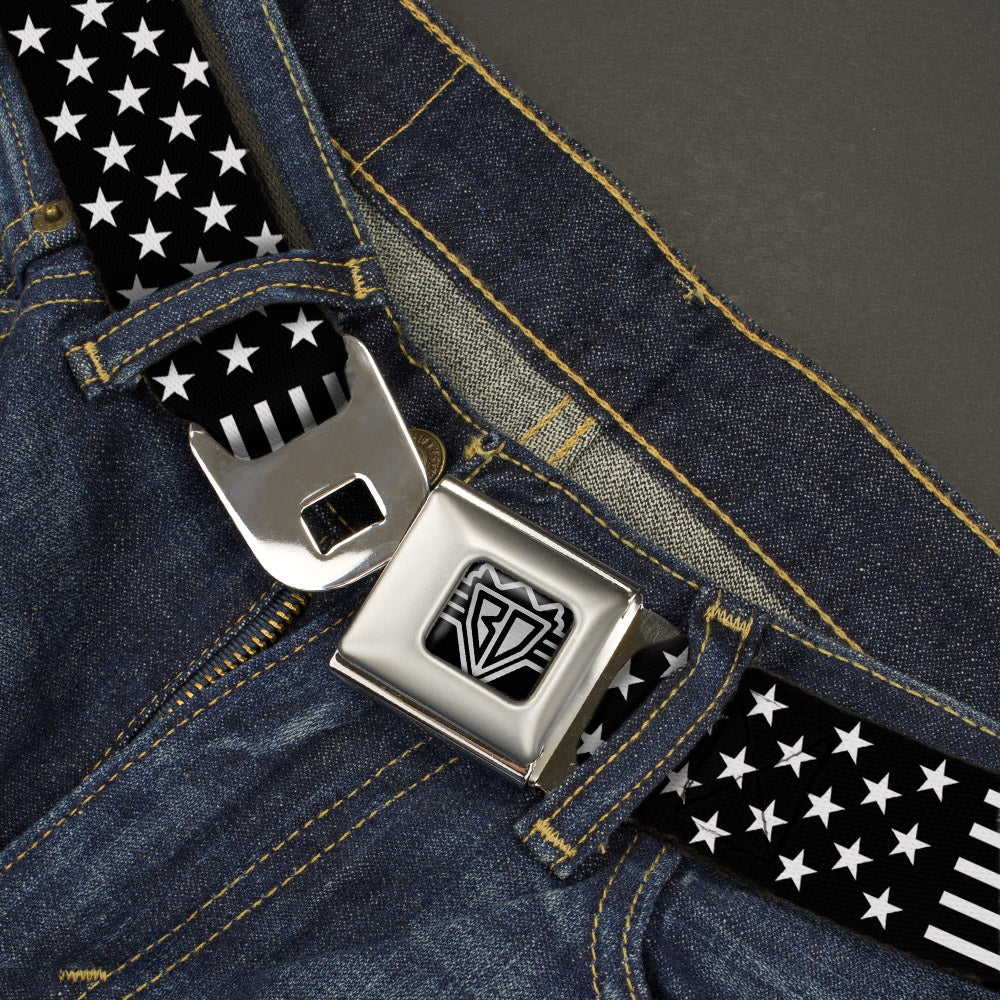 BD Wings Logo CLOSE-UP Full Color Black Silver Seatbelt Belt - Americana Stars & Stripes2 Black/White Webbing Seatbelt Belts Buckle-Down