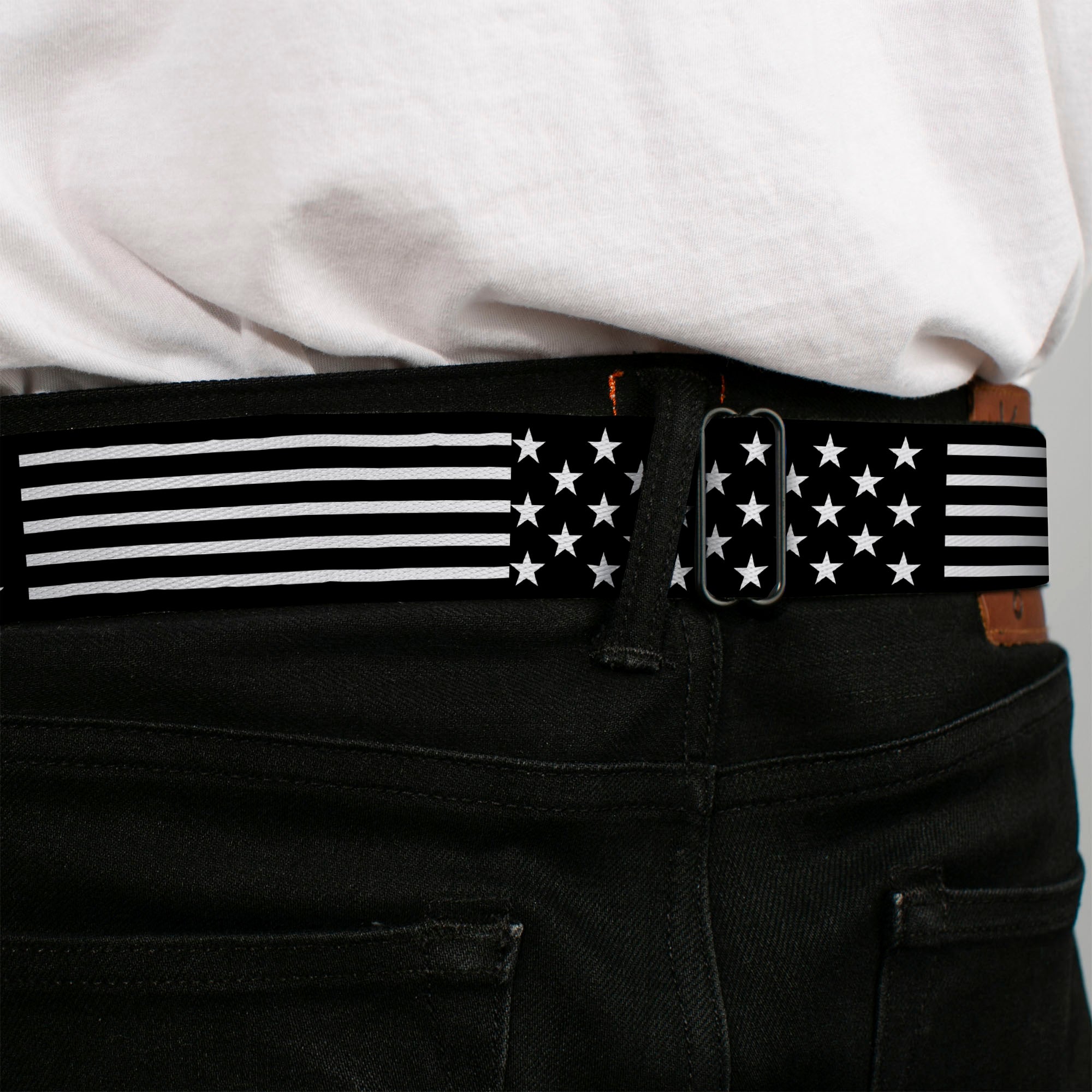 BD Wings Logo CLOSE-UP Full Color Black Silver Seatbelt Belt - Americana Stars & Stripes2 Black/White Webbing Seatbelt Belts Buckle-Down