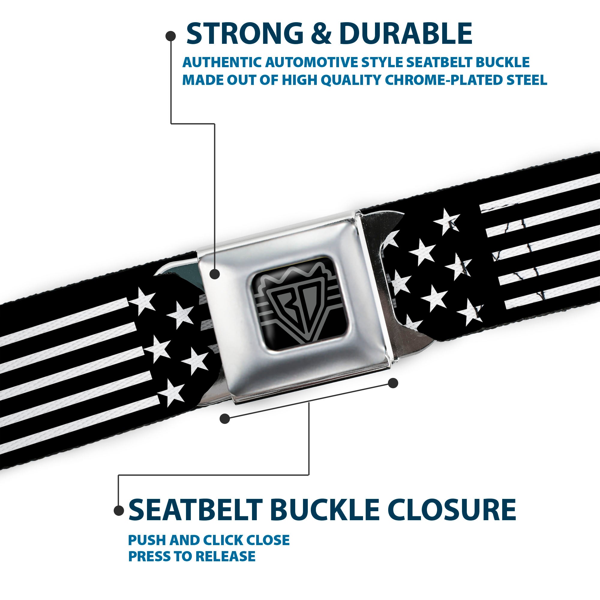 BD Wings Logo CLOSE-UP Full Color Black Silver Seatbelt Belt - Americana Stars & Stripes2 Black/White Webbing Seatbelt Belts Buckle-Down