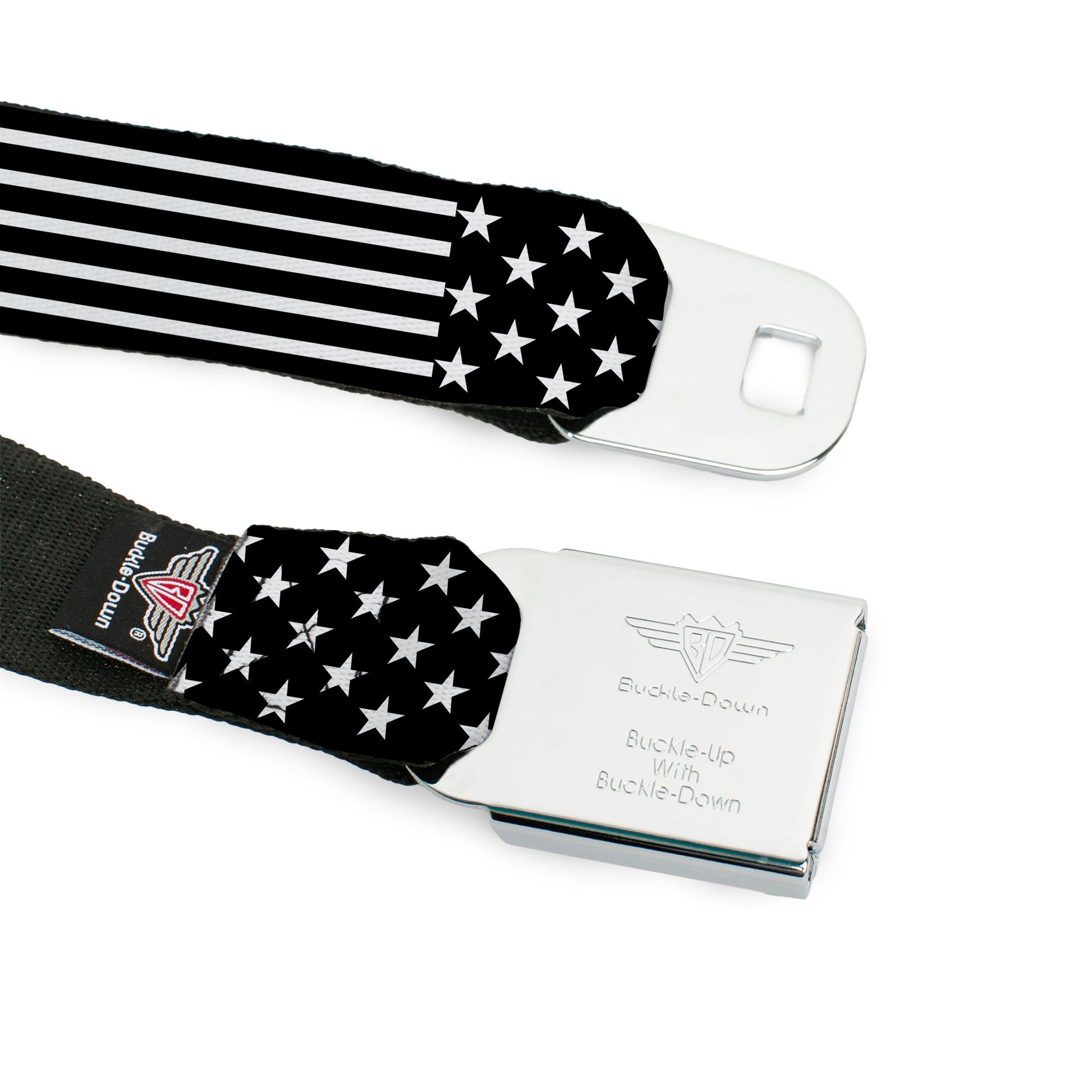BD Wings Logo CLOSE-UP Full Color Black Silver Seatbelt Belt - Americana Stars & Stripes2 Black/White Webbing Seatbelt Belts Buckle-Down