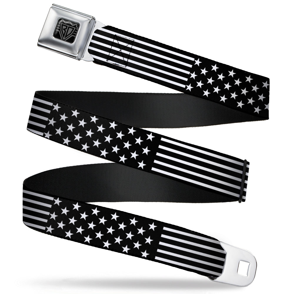 BD Wings Logo CLOSE-UP Full Color Black Silver Seatbelt Belt - Americana Stars & Stripes2 Black/White Webbing Seatbelt Belts Buckle-Down