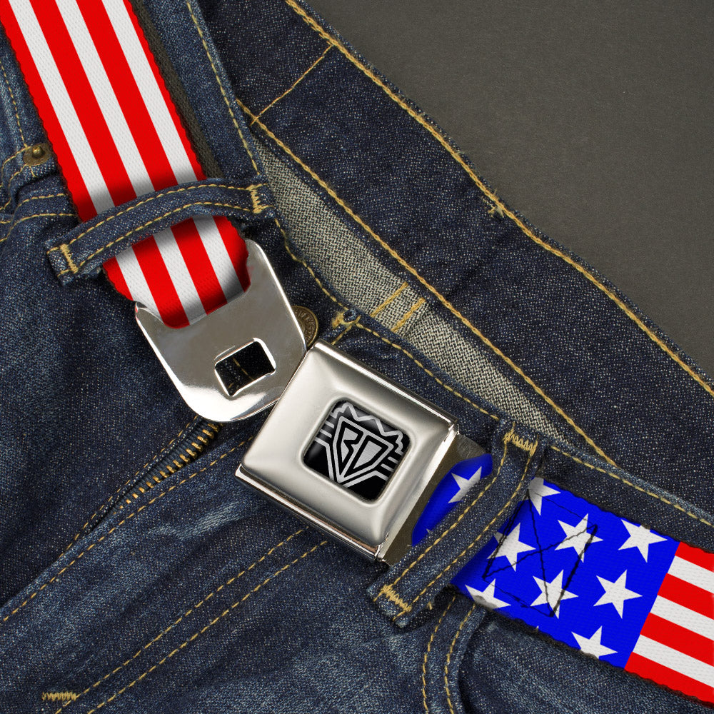 BD Wings Logo CLOSE-UP Full Color Black Silver Seatbelt Belt - Americana Stars & Stripes3 Red/White/Blue Webbing Seatbelt Belts Buckle-Down