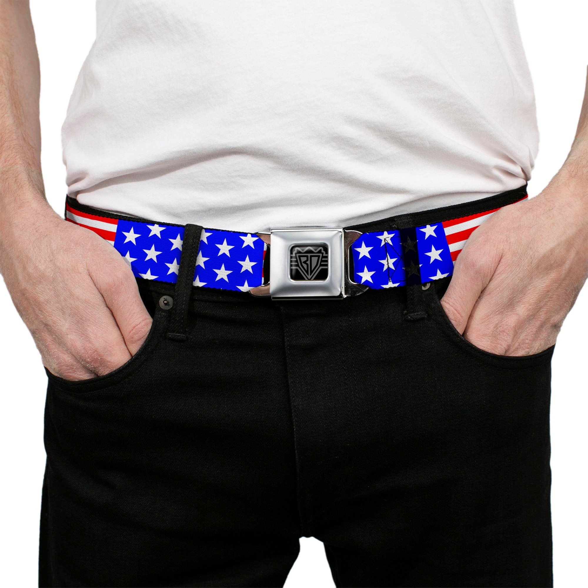 BD Wings Logo CLOSE-UP Full Color Black Silver Seatbelt Belt - Americana Stars & Stripes3 Red/White/Blue Webbing Seatbelt Belts Buckle-Down