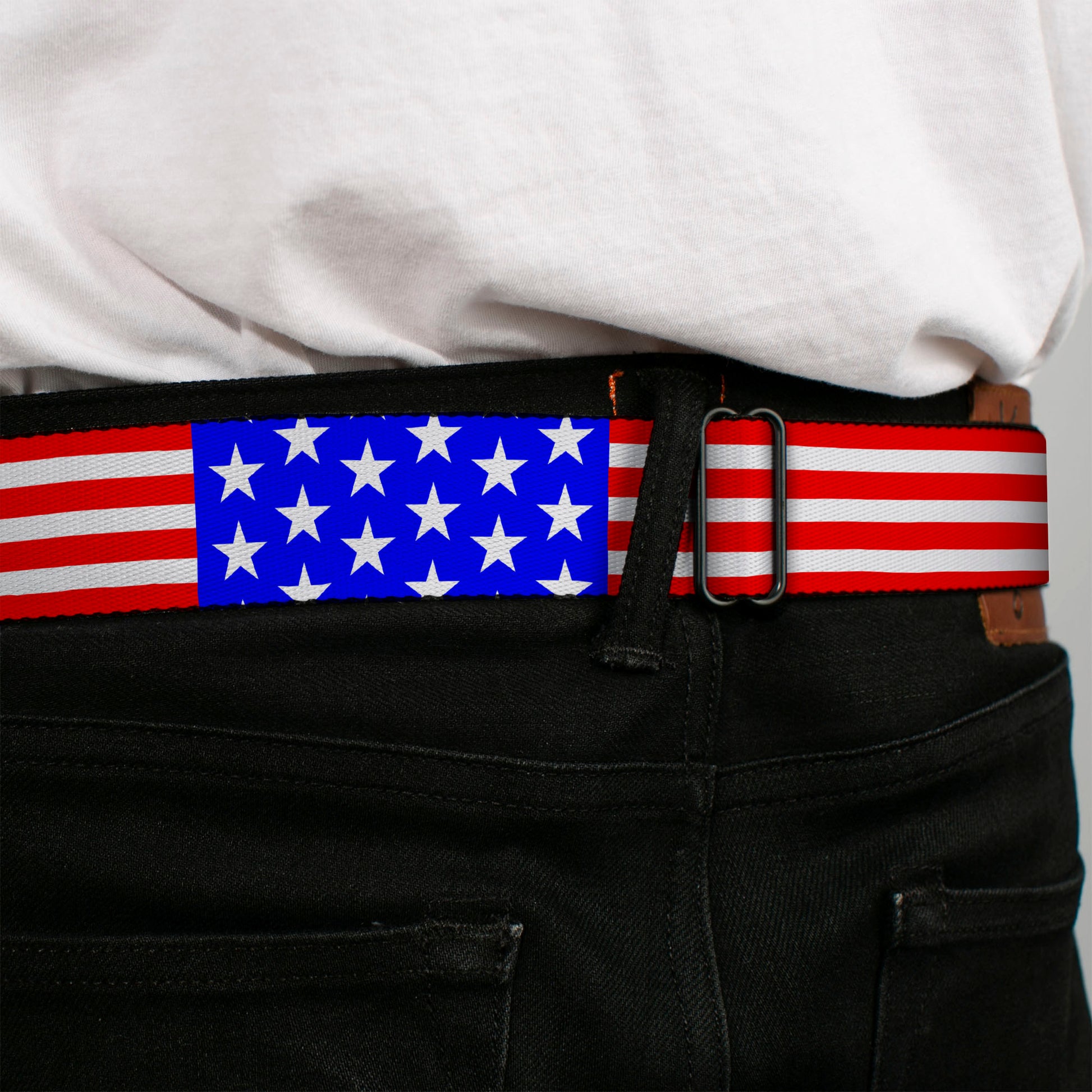 BD Wings Logo CLOSE-UP Full Color Black Silver Seatbelt Belt - Americana Stars & Stripes3 Red/White/Blue Webbing Seatbelt Belts Buckle-Down