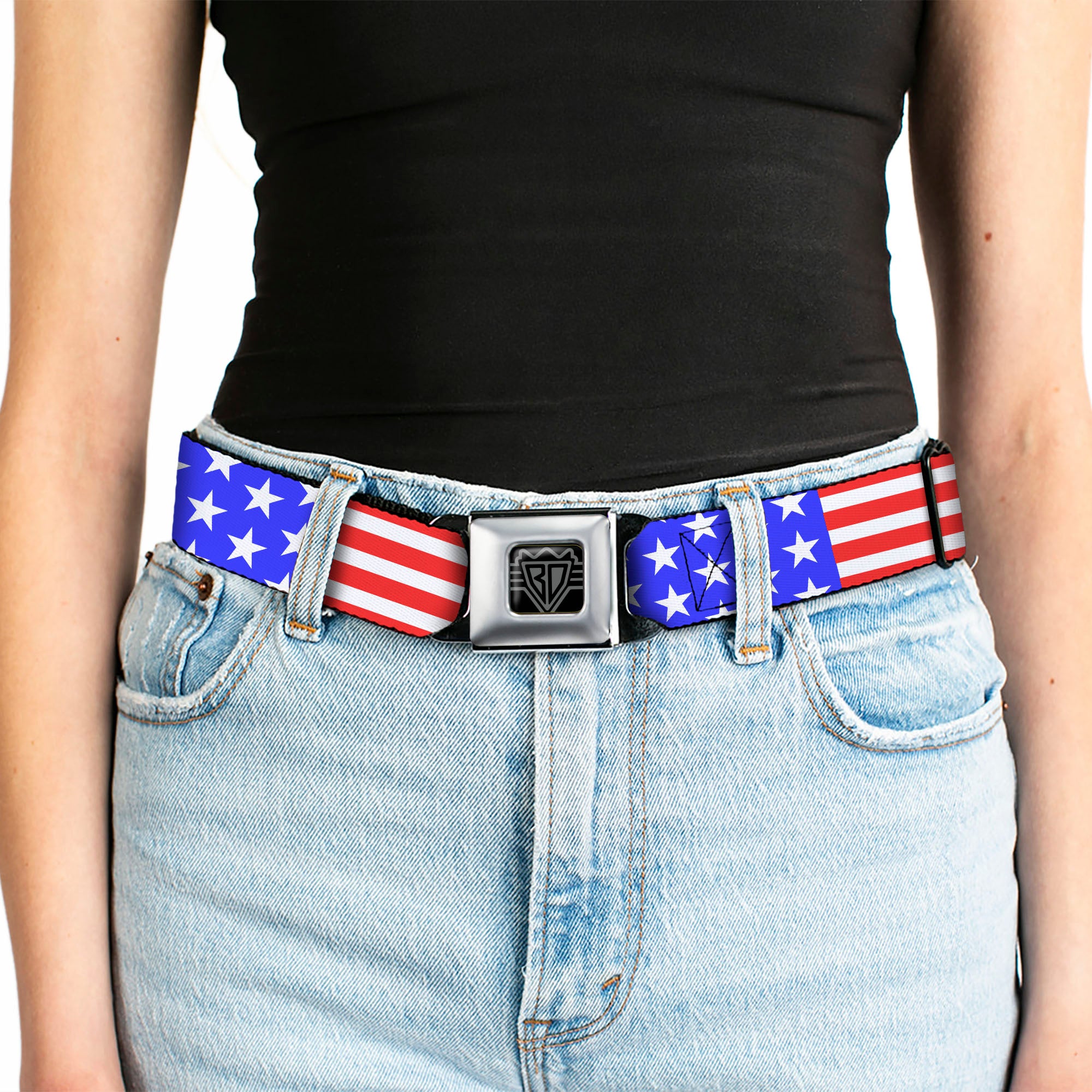 BD Wings Logo CLOSE-UP Full Color Black Silver Seatbelt Belt - Americana Stars & Stripes3 Red/White/Blue Webbing Seatbelt Belts Buckle-Down
