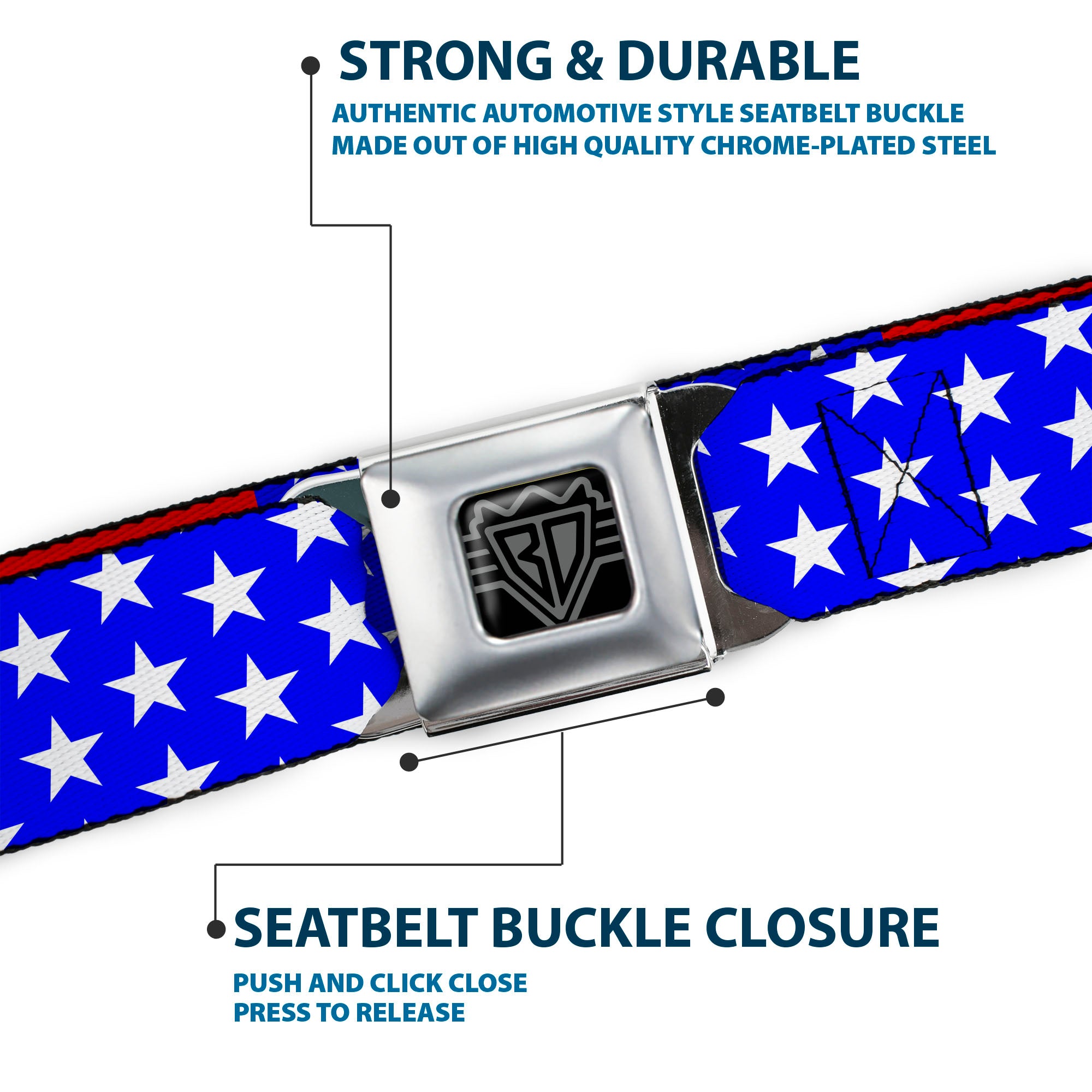 BD Wings Logo CLOSE-UP Full Color Black Silver Seatbelt Belt - Americana Stars & Stripes3 Red/White/Blue Webbing Seatbelt Belts Buckle-Down