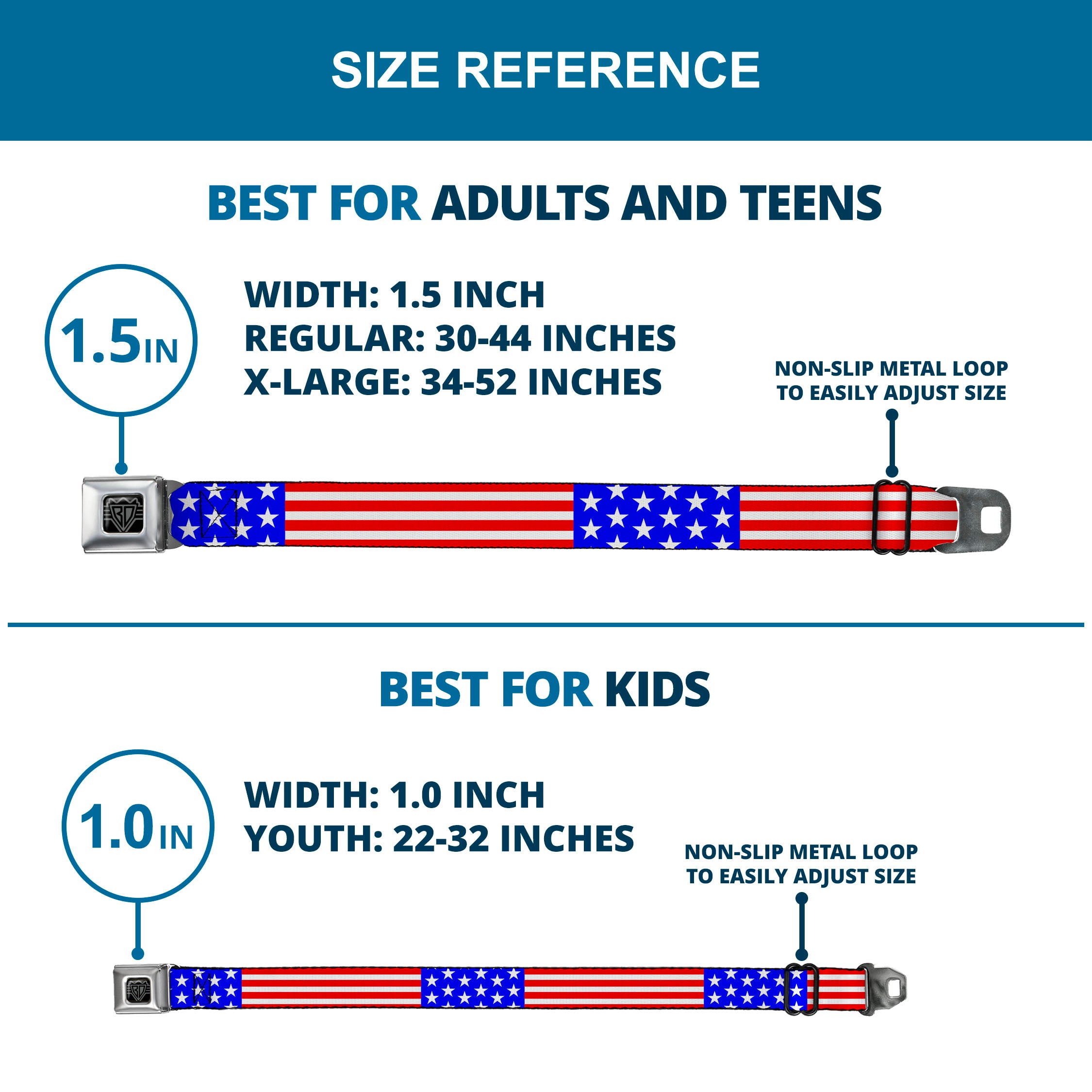 BD Wings Logo CLOSE-UP Full Color Black Silver Seatbelt Belt - Americana Stars & Stripes3 Red/White/Blue Webbing Seatbelt Belts Buckle-Down