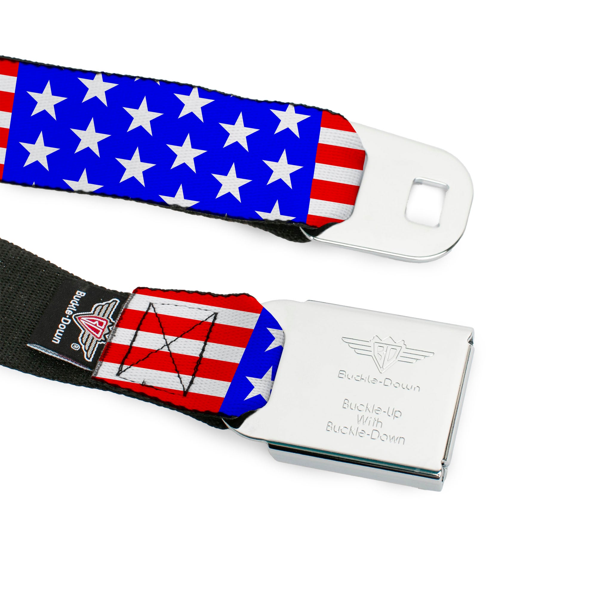 BD Wings Logo CLOSE-UP Full Color Black Silver Seatbelt Belt - Americana Stars & Stripes3 Red/White/Blue Webbing Seatbelt Belts Buckle-Down