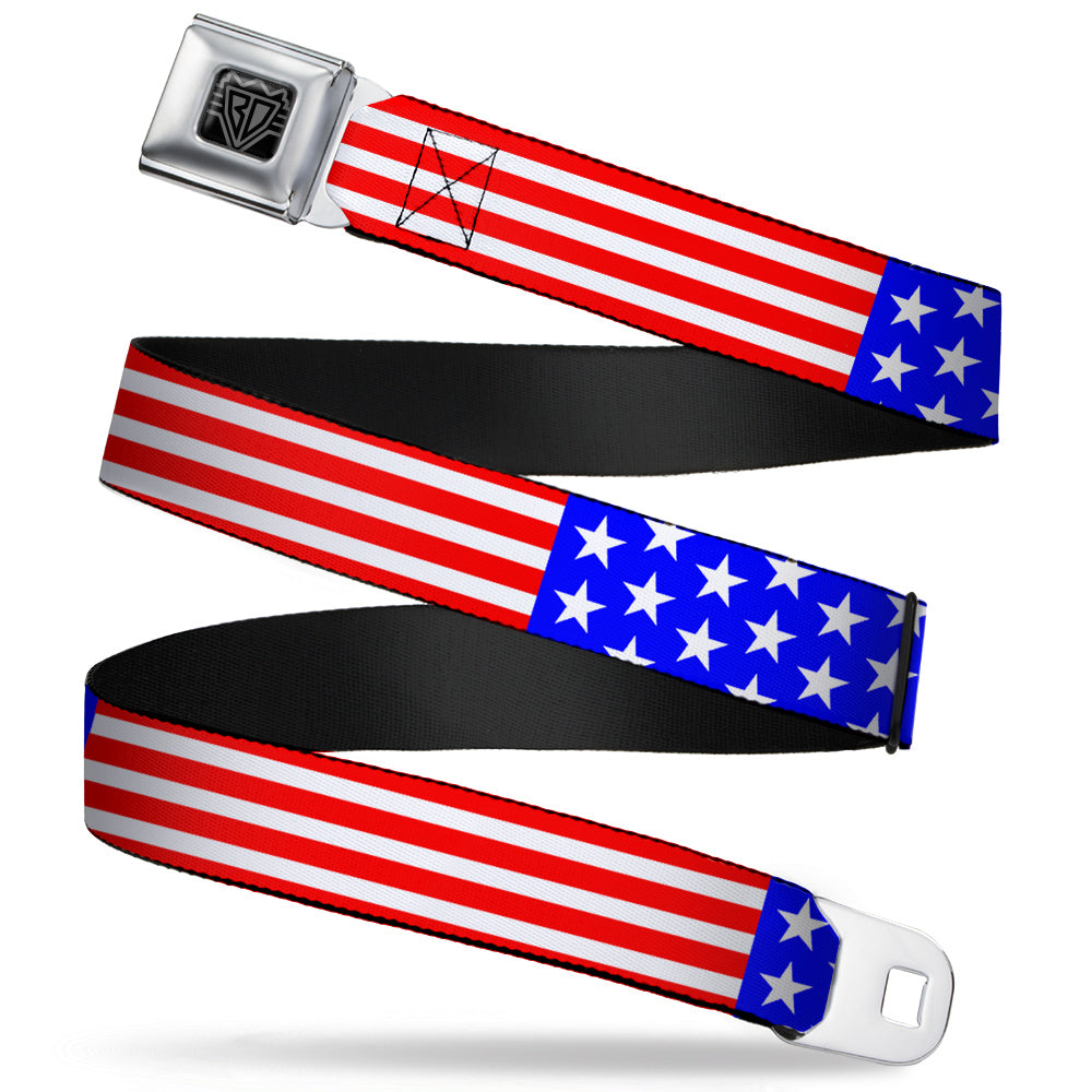 BD Wings Logo CLOSE-UP Full Color Black Silver Seatbelt Belt - Americana Stars & Stripes3 Red/White/Blue Webbing Seatbelt Belts Buckle-Down