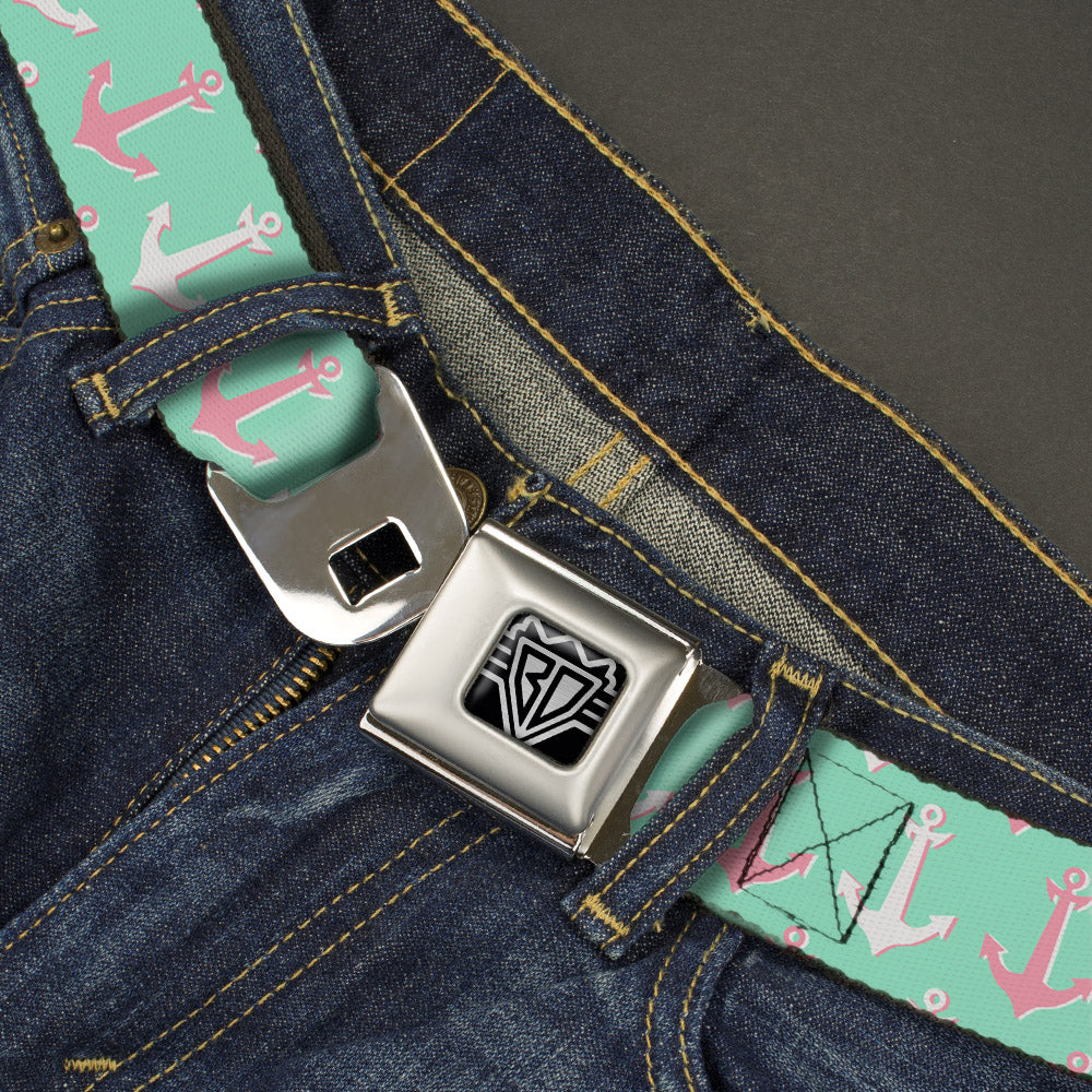 BD Wings Logo CLOSE-UP Full Color Black Silver Seatbelt Belt - Anchor2 CLOSE-UP Green/Pink/White Webbing Seatbelt Belts Buckle-Down