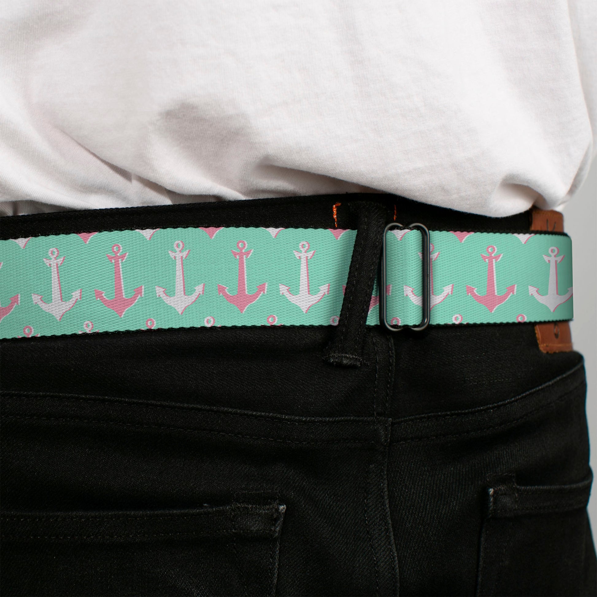 BD Wings Logo CLOSE-UP Full Color Black Silver Seatbelt Belt - Anchor2 CLOSE-UP Green/Pink/White Webbing Seatbelt Belts Buckle-Down