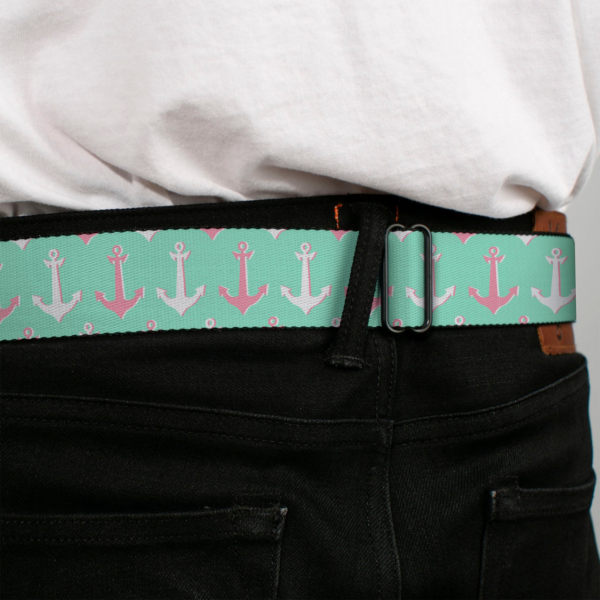 BD Wings Logo CLOSE-UP Full Color Black Silver Seatbelt Belt - Anchor2 CLOSE-UP Green/Pink/White Webbing Seatbelt Belts Buckle-Down