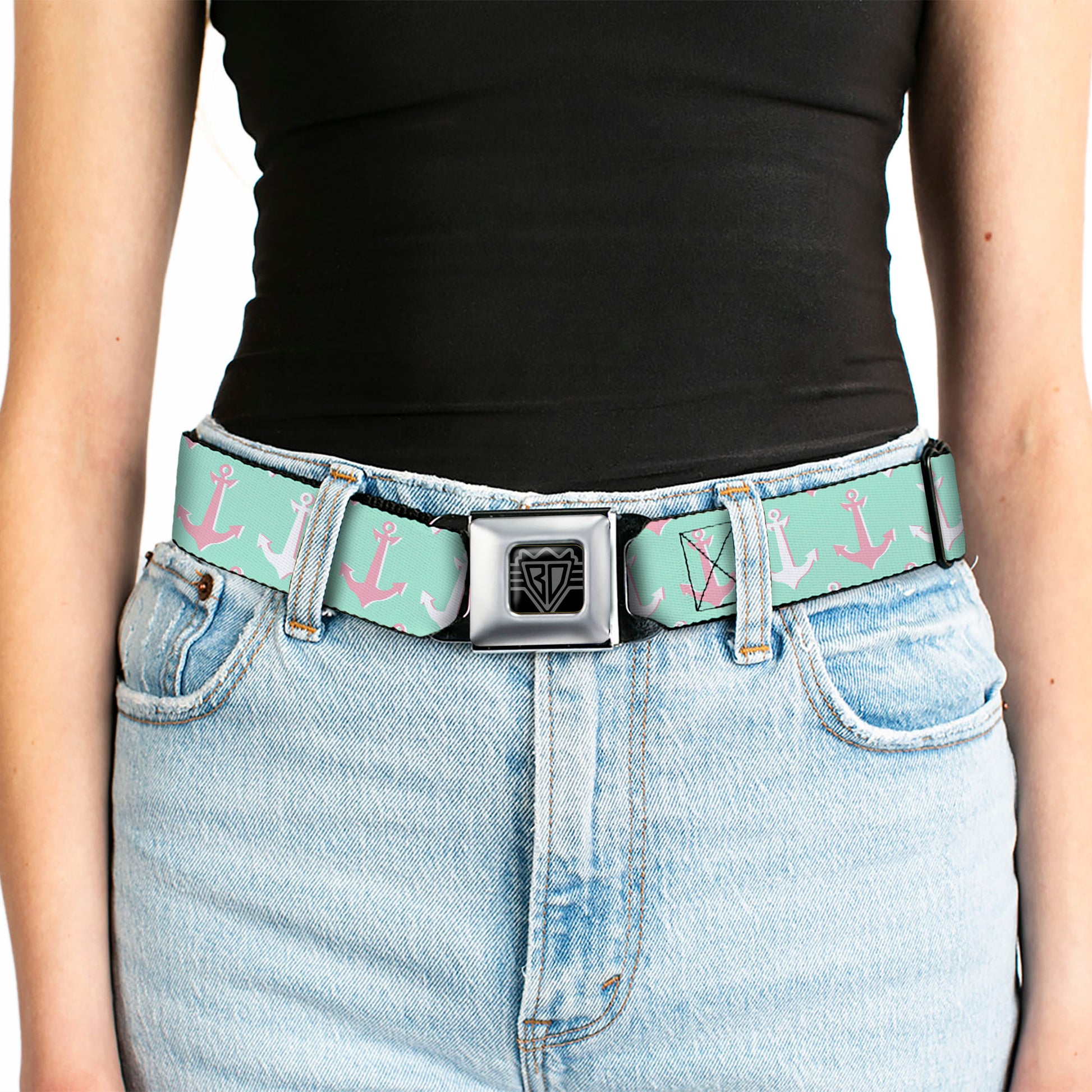 BD Wings Logo CLOSE-UP Full Color Black Silver Seatbelt Belt - Anchor2 CLOSE-UP Green/Pink/White Webbing Seatbelt Belts Buckle-Down