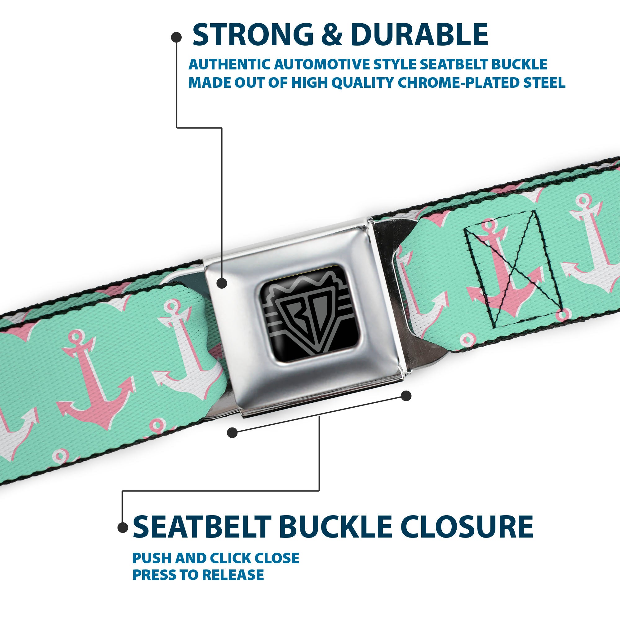 BD Wings Logo CLOSE-UP Full Color Black Silver Seatbelt Belt - Anchor2 CLOSE-UP Green/Pink/White Webbing Seatbelt Belts Buckle-Down