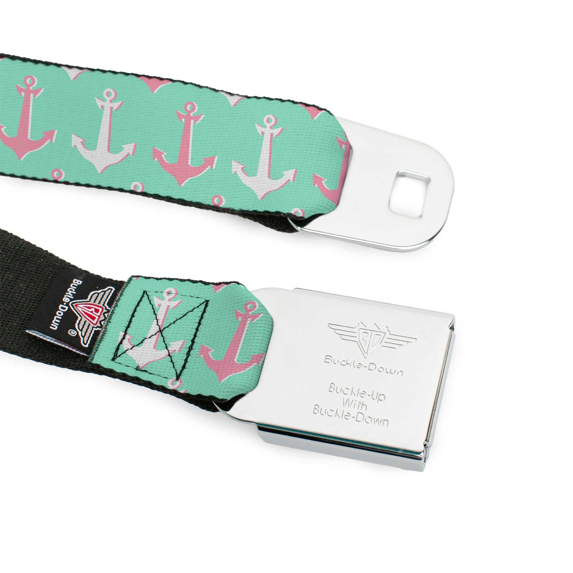 BD Wings Logo CLOSE-UP Full Color Black Silver Seatbelt Belt - Anchor2 CLOSE-UP Green/Pink/White Webbing Seatbelt Belts Buckle-Down