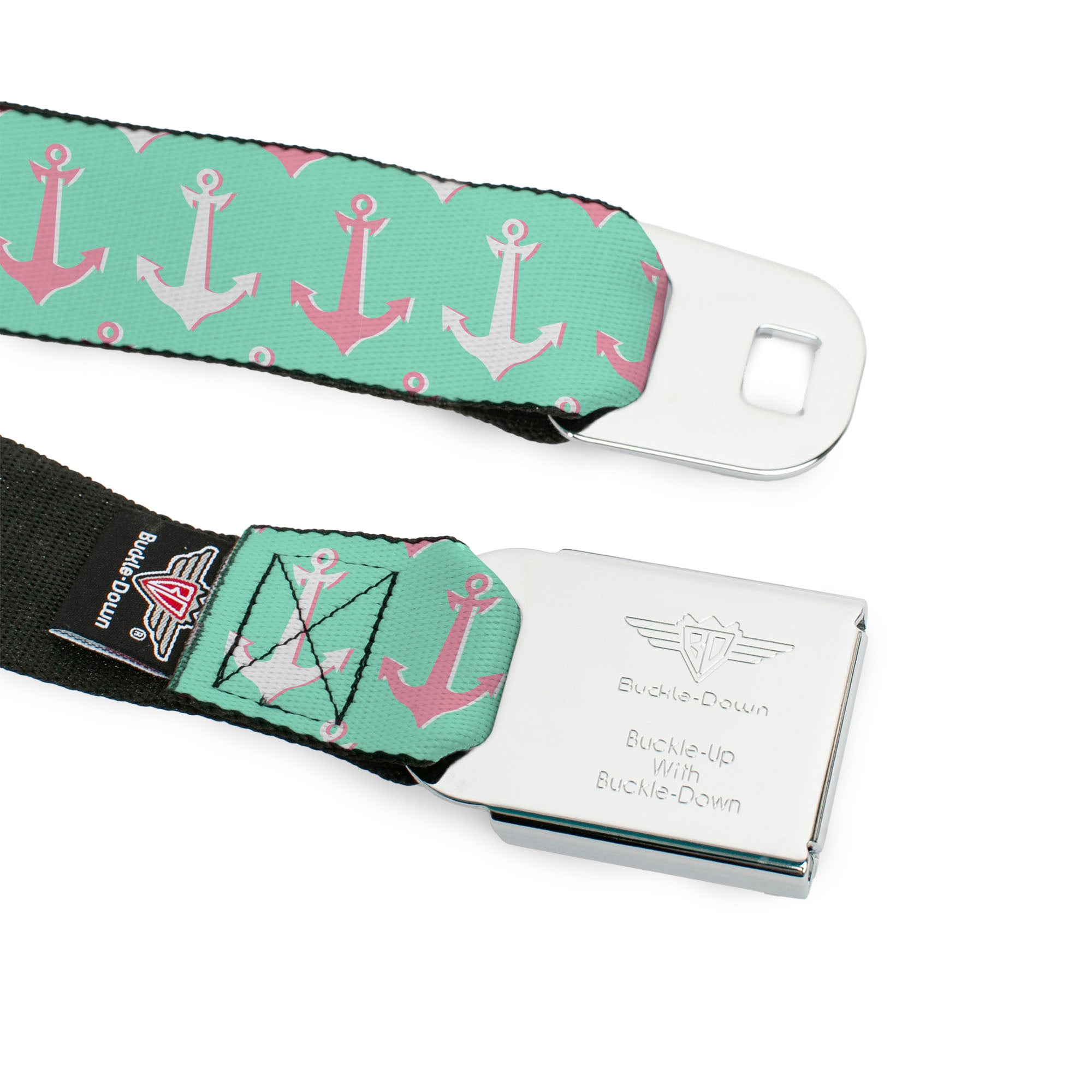 BD Wings Logo CLOSE-UP Full Color Black Silver Seatbelt Belt - Anchor2 CLOSE-UP Green/Pink/White Webbing Seatbelt Belts Buckle-Down