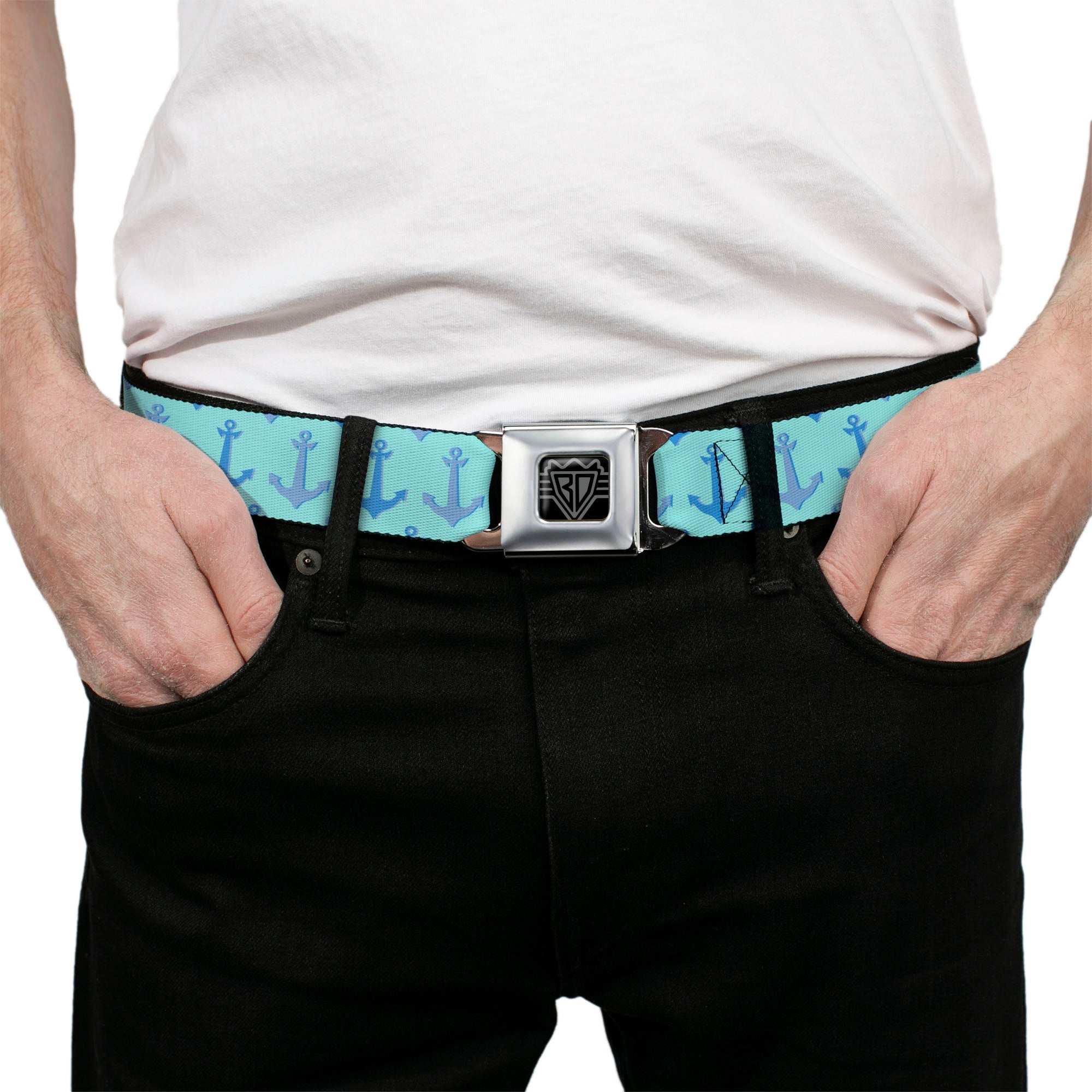 BD Wings Logo CLOSE-UP Full Color Black Silver Seatbelt Belt - Anchor2 CLOSE-UP Turquoise/Blues Webbing Seatbelt Belts Buckle-Down