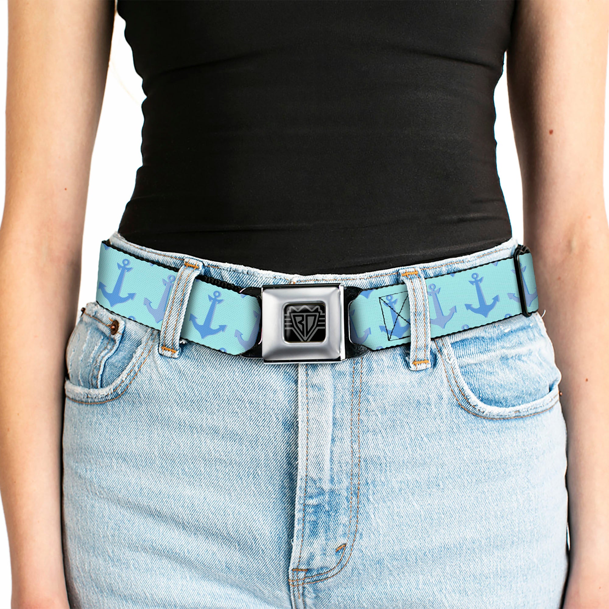BD Wings Logo CLOSE-UP Full Color Black Silver Seatbelt Belt - Anchor2 CLOSE-UP Turquoise/Blues Webbing Seatbelt Belts Buckle-Down