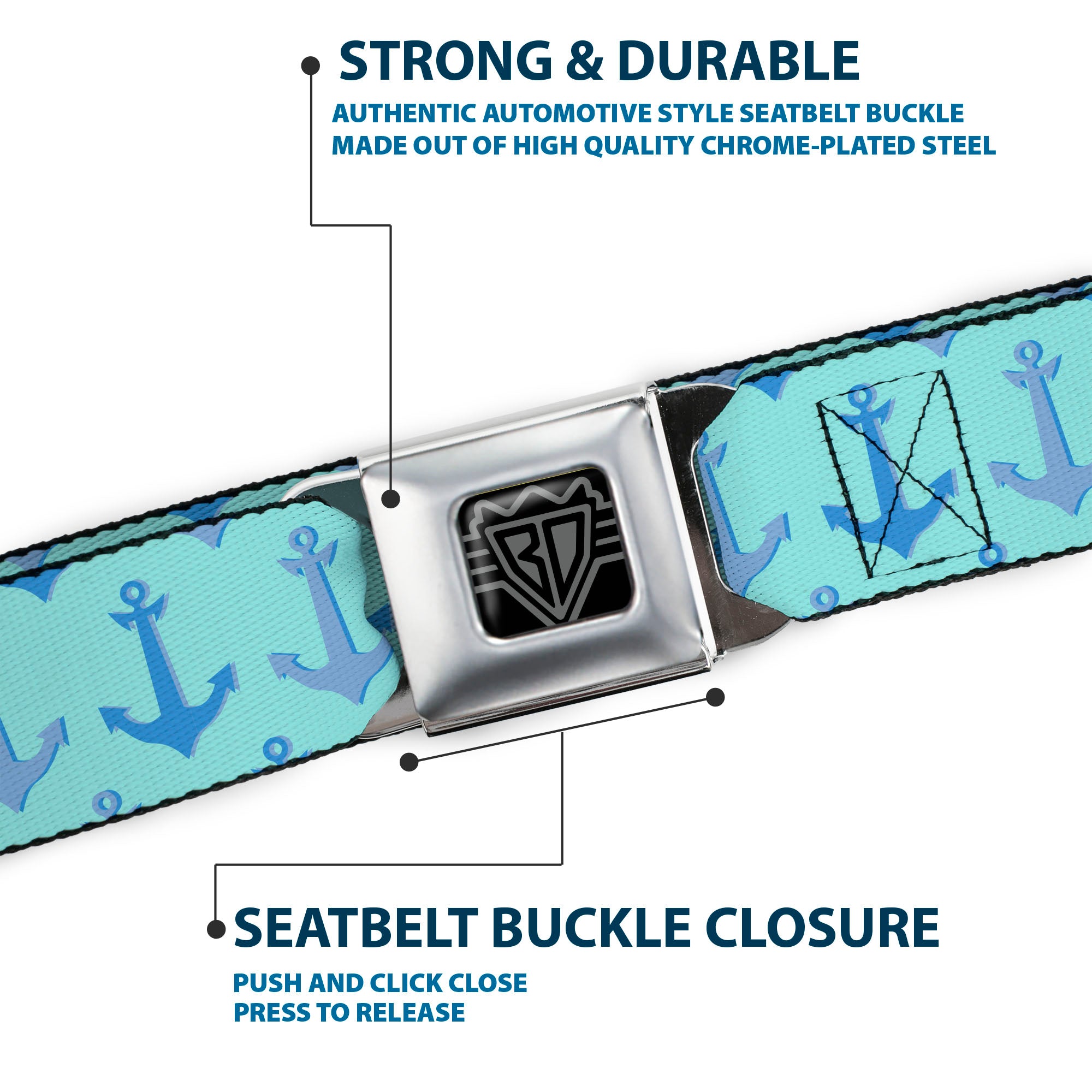 BD Wings Logo CLOSE-UP Full Color Black Silver Seatbelt Belt - Anchor2 CLOSE-UP Turquoise/Blues Webbing Seatbelt Belts Buckle-Down