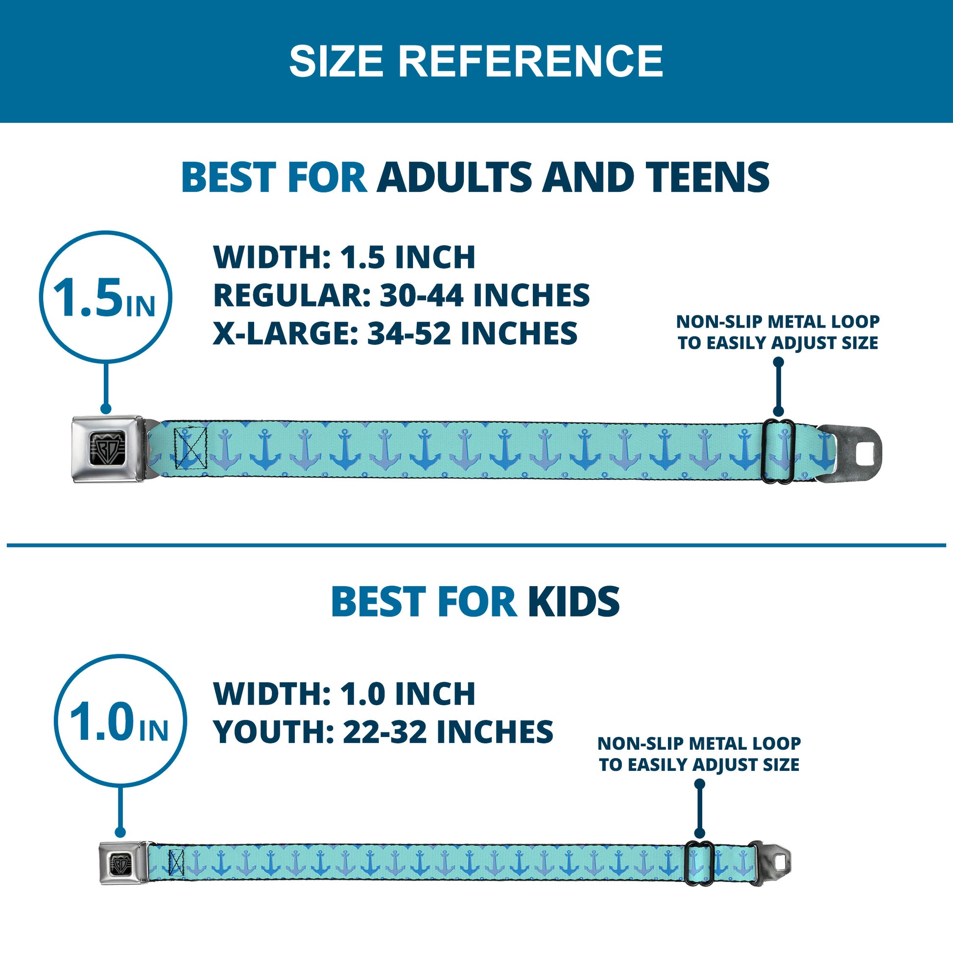 BD Wings Logo CLOSE-UP Full Color Black Silver Seatbelt Belt - Anchor2 CLOSE-UP Turquoise/Blues Webbing Seatbelt Belts Buckle-Down