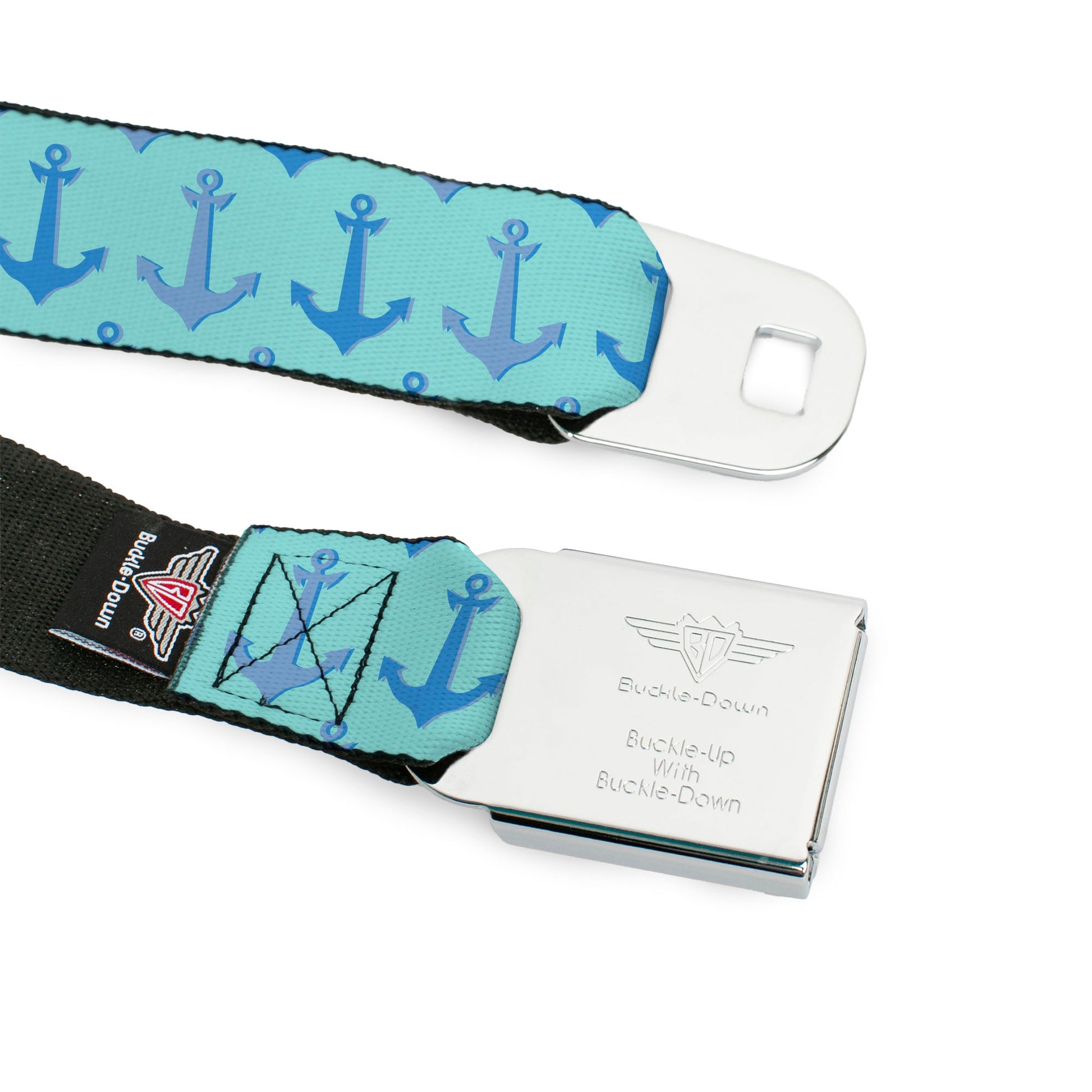 BD Wings Logo CLOSE-UP Full Color Black Silver Seatbelt Belt - Anchor2 CLOSE-UP Turquoise/Blues Webbing Seatbelt Belts Buckle-Down