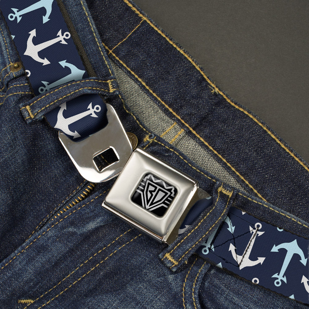 BD Wings Logo CLOSE-UP Full Color Black Silver Seatbelt Belt - Anchor2 Flip CLOSE-UP Navy/Baby Blue/White Webbing Seatbelt Belts Buckle-Down
