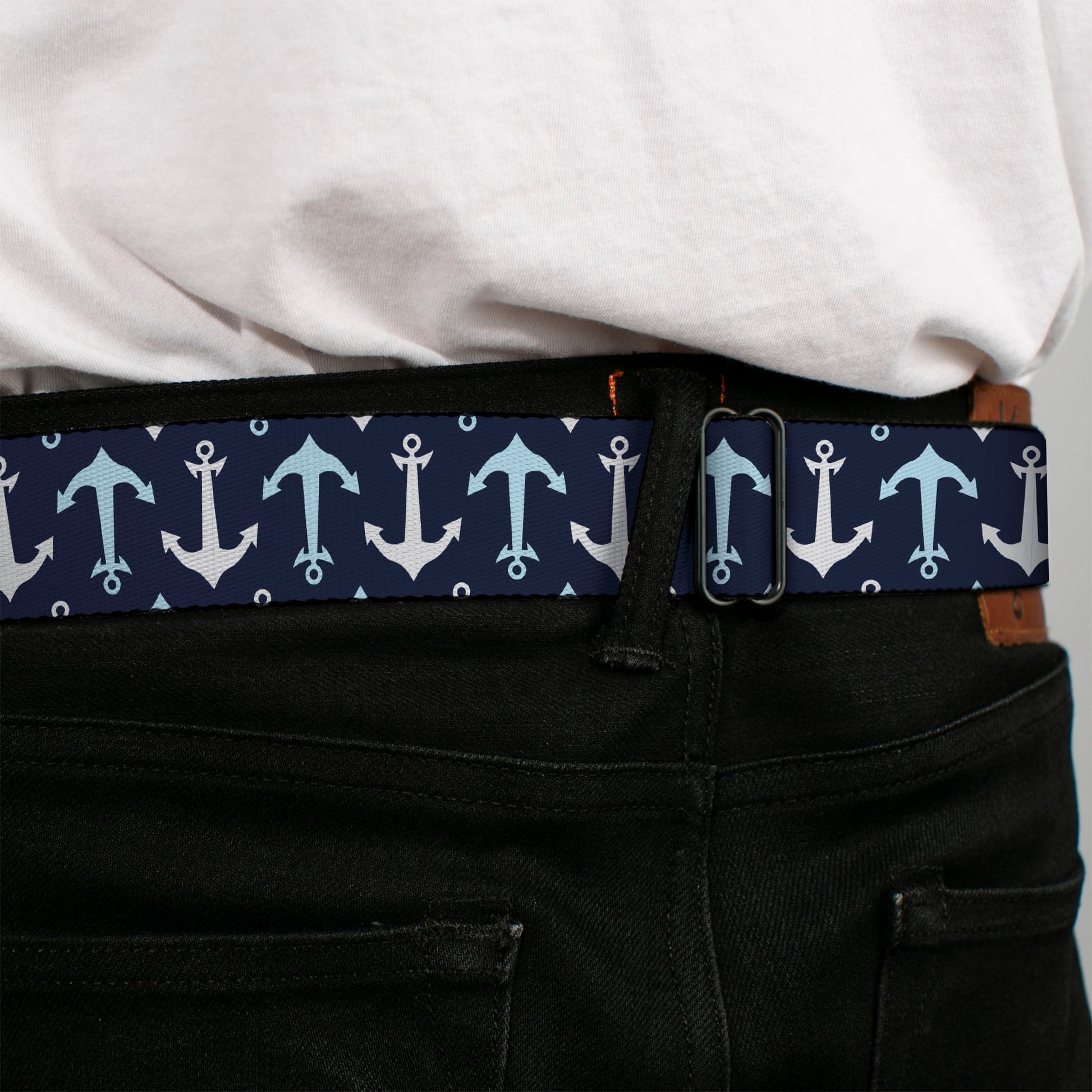 BD Wings Logo CLOSE-UP Full Color Black Silver Seatbelt Belt - Anchor2 Flip CLOSE-UP Navy/Baby Blue/White Webbing Seatbelt Belts Buckle-Down