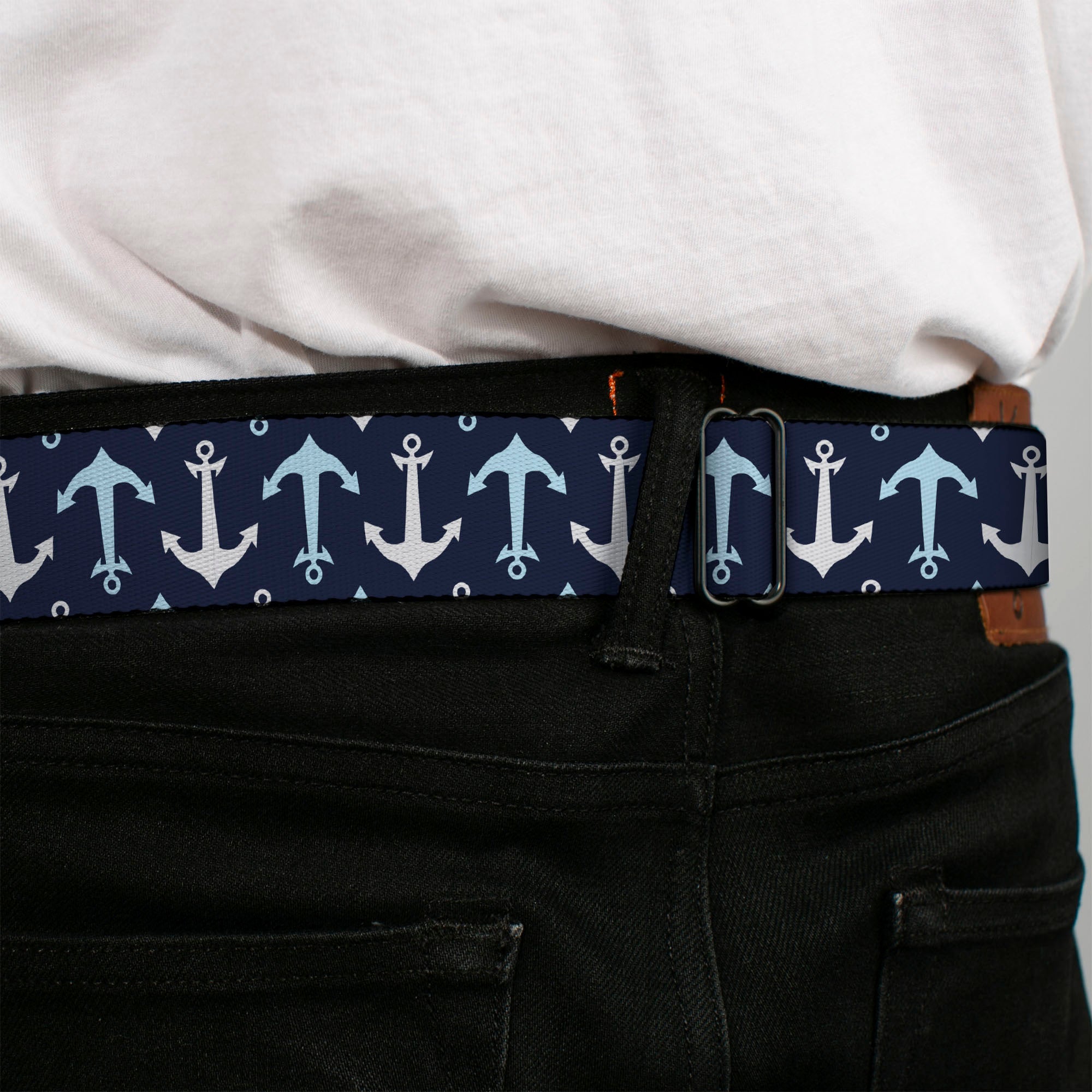 BD Wings Logo CLOSE-UP Full Color Black Silver Seatbelt Belt - Anchor2 Flip CLOSE-UP Navy/Baby Blue/White Webbing Seatbelt Belts Buckle-Down
