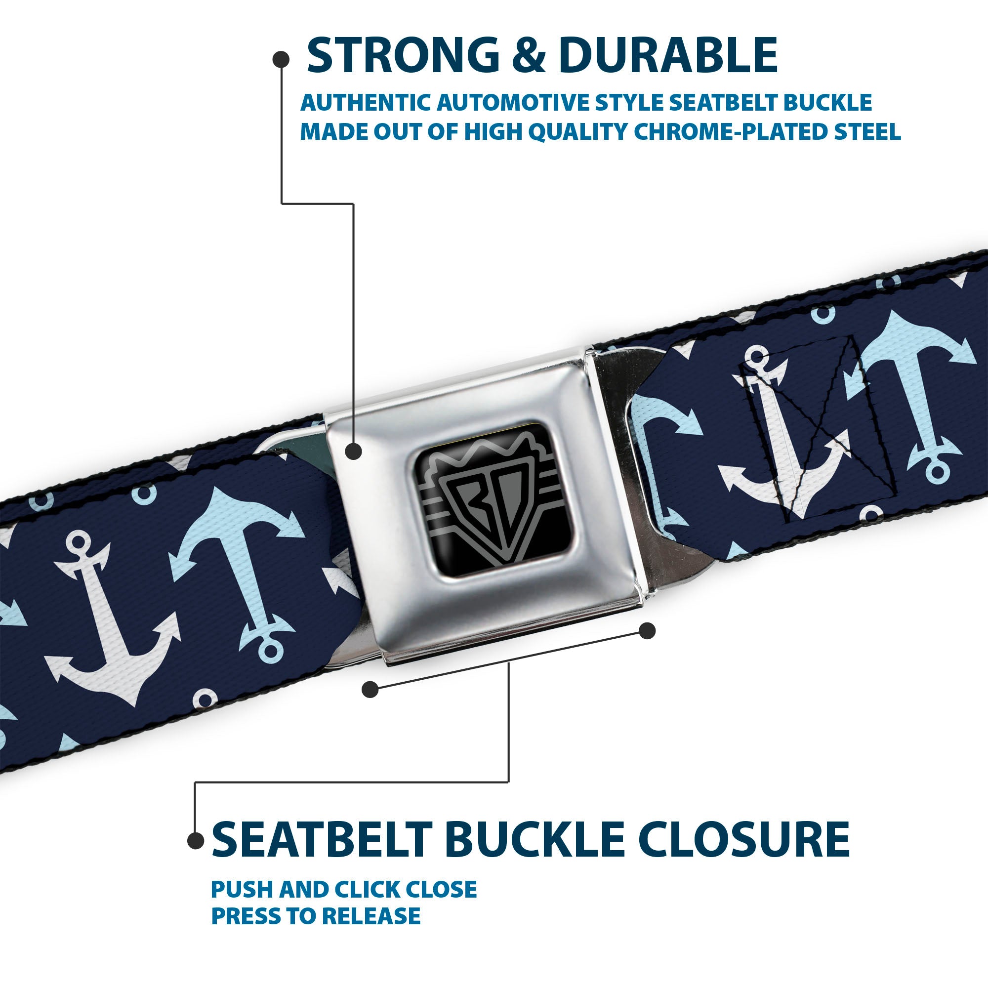 BD Wings Logo CLOSE-UP Full Color Black Silver Seatbelt Belt - Anchor2 Flip CLOSE-UP Navy/Baby Blue/White Webbing Seatbelt Belts Buckle-Down