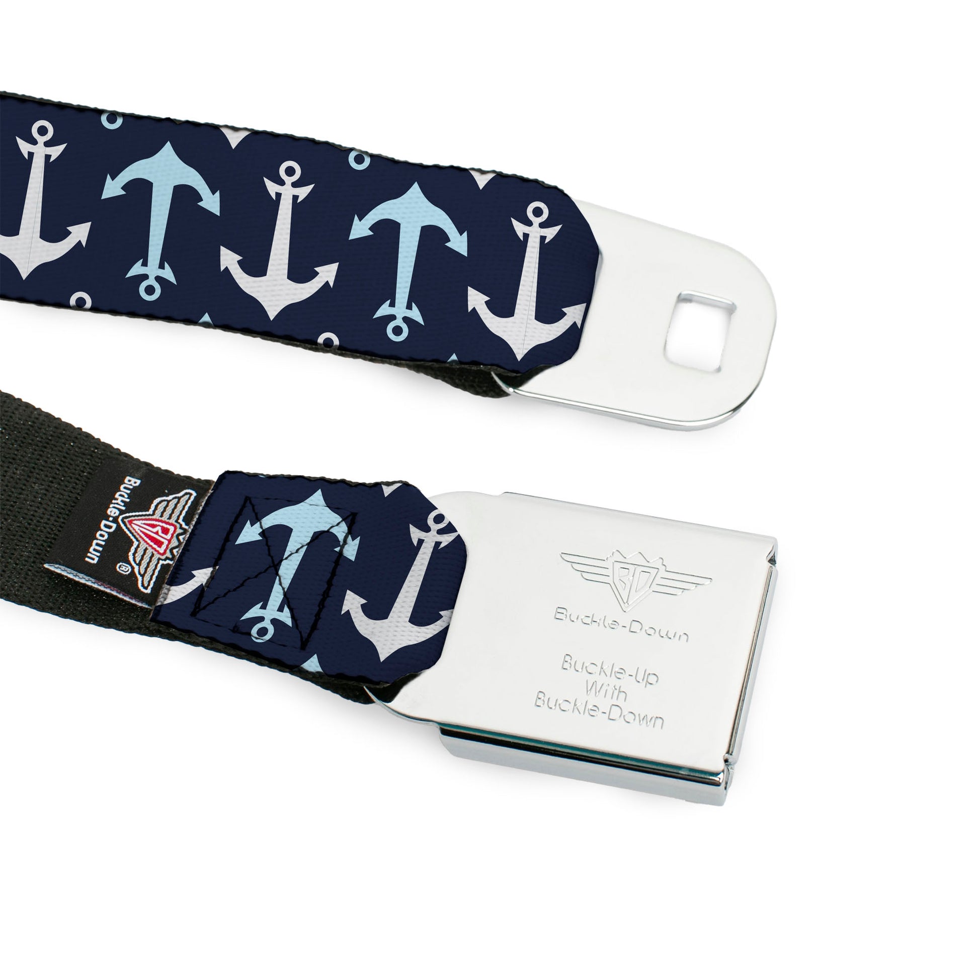 BD Wings Logo CLOSE-UP Full Color Black Silver Seatbelt Belt - Anchor2 Flip CLOSE-UP Navy/Baby Blue/White Webbing Seatbelt Belts Buckle-Down