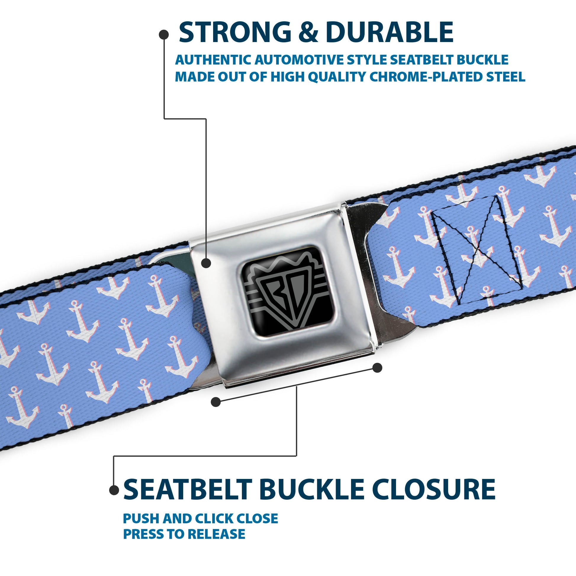 BD Wings Logo CLOSE-UP Full Color Black Silver Seatbelt Belt - Anchor2 Monogram Baby Blue/Baby Pink/White Webbing Seatbelt Belts Buckle-Down