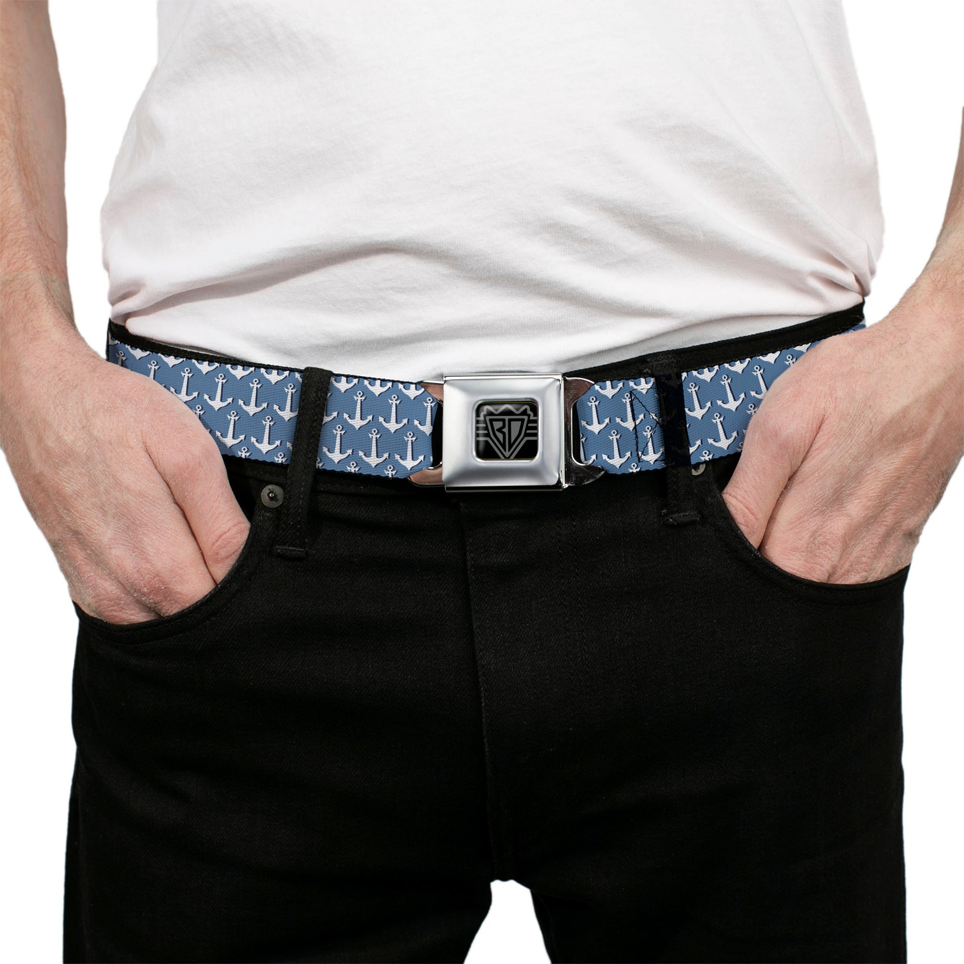 BD Wings Logo CLOSE-UP Full Color Black Silver Seatbelt Belt - Anchor2 Monogram Baby Blue/Navy/White Webbing Seatbelt Belts Buckle-Down