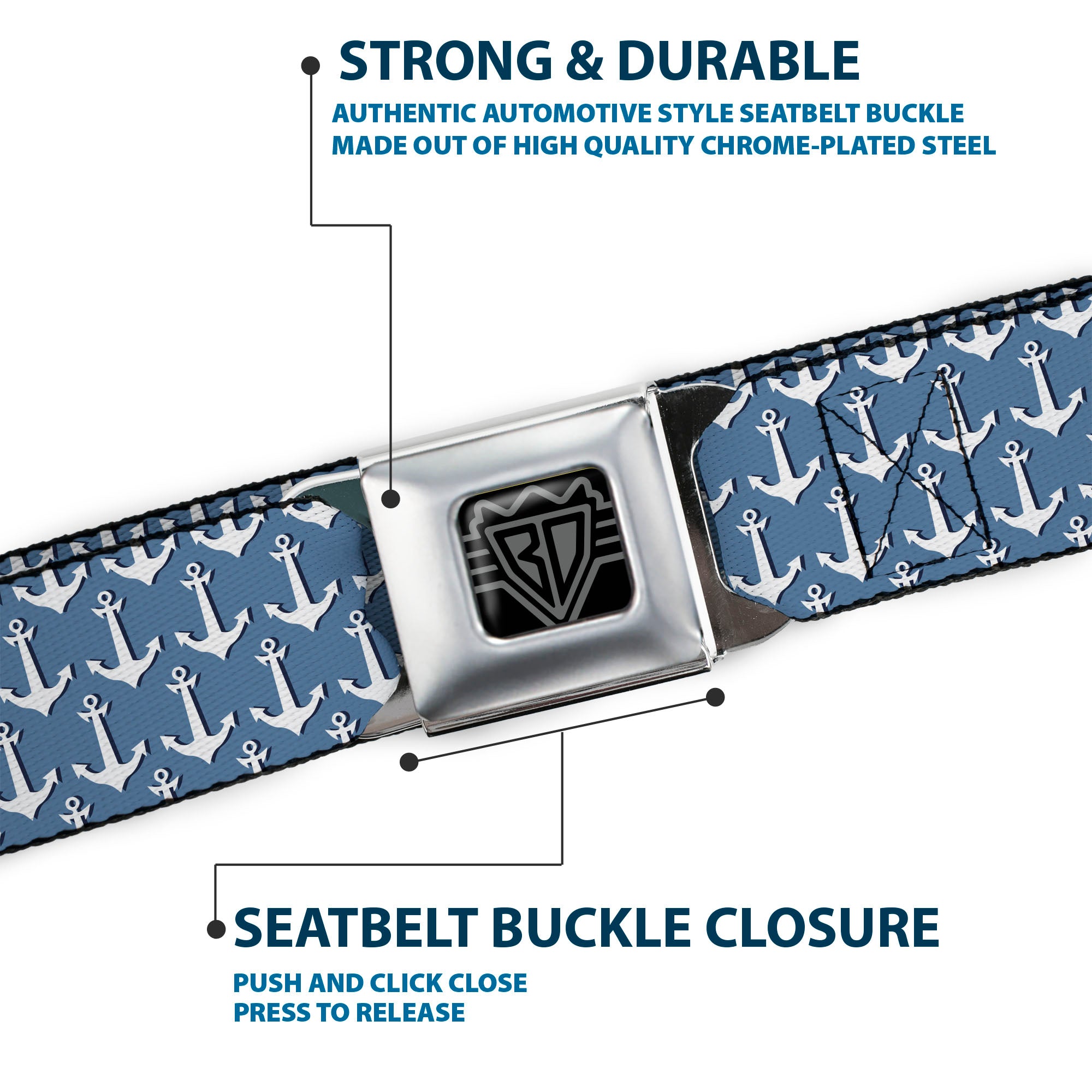 BD Wings Logo CLOSE-UP Full Color Black Silver Seatbelt Belt - Anchor2 Monogram Baby Blue/Navy/White Webbing Seatbelt Belts Buckle-Down