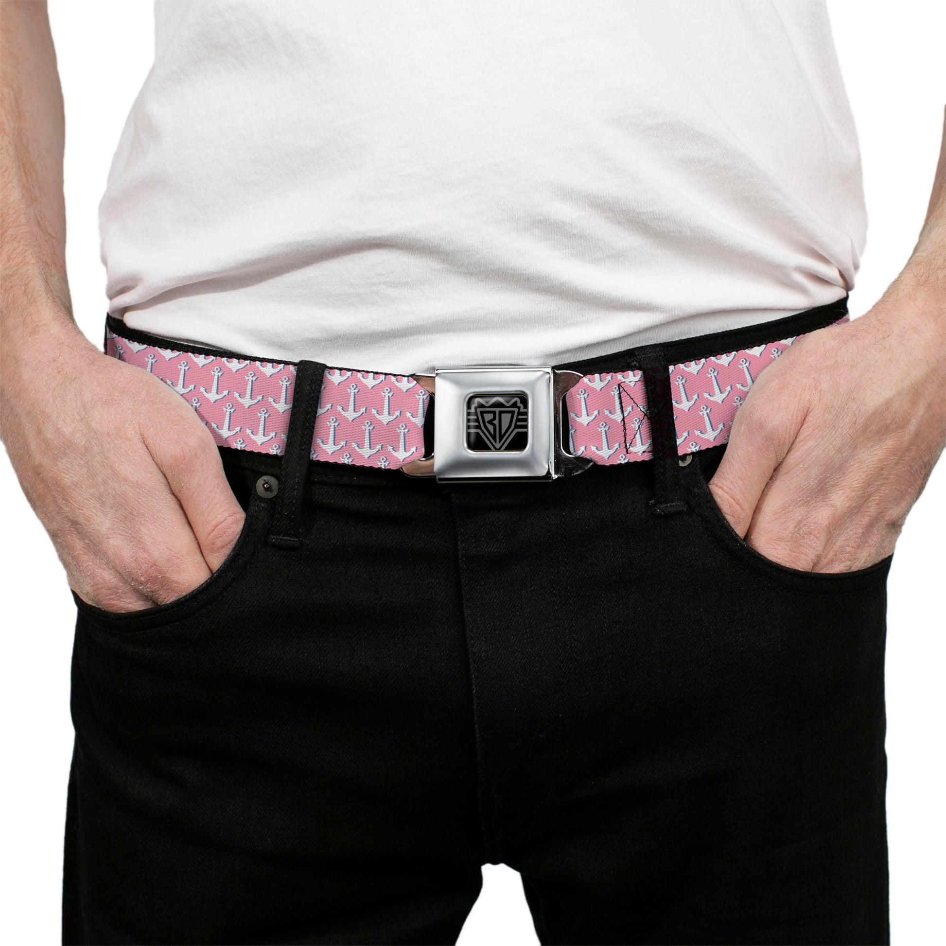 BD Wings Logo CLOSE-UP Full Color Black Silver Seatbelt Belt - Anchor2 Monogram Baby Pink/Baby Blue/White Webbing Seatbelt Belts Buckle-Down