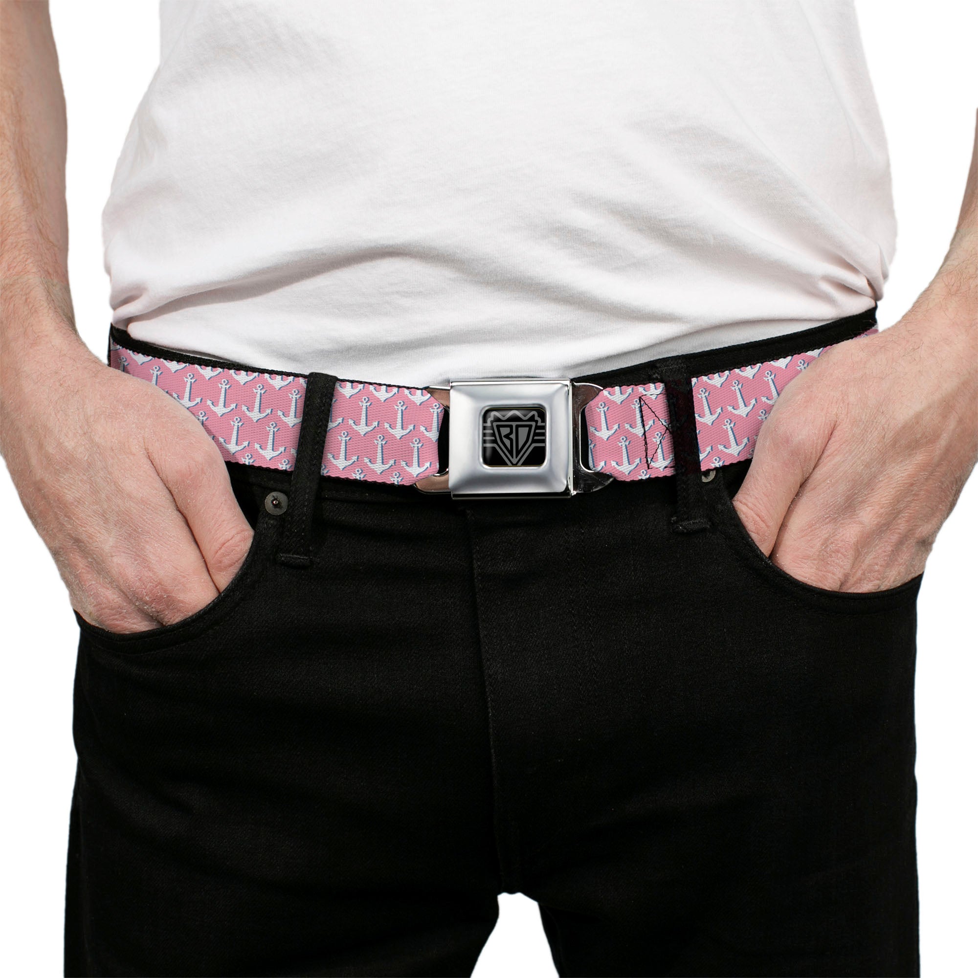 BD Wings Logo CLOSE-UP Full Color Black Silver Seatbelt Belt - Anchor2 Monogram Baby Pink/Baby Blue/White Webbing Seatbelt Belts Buckle-Down