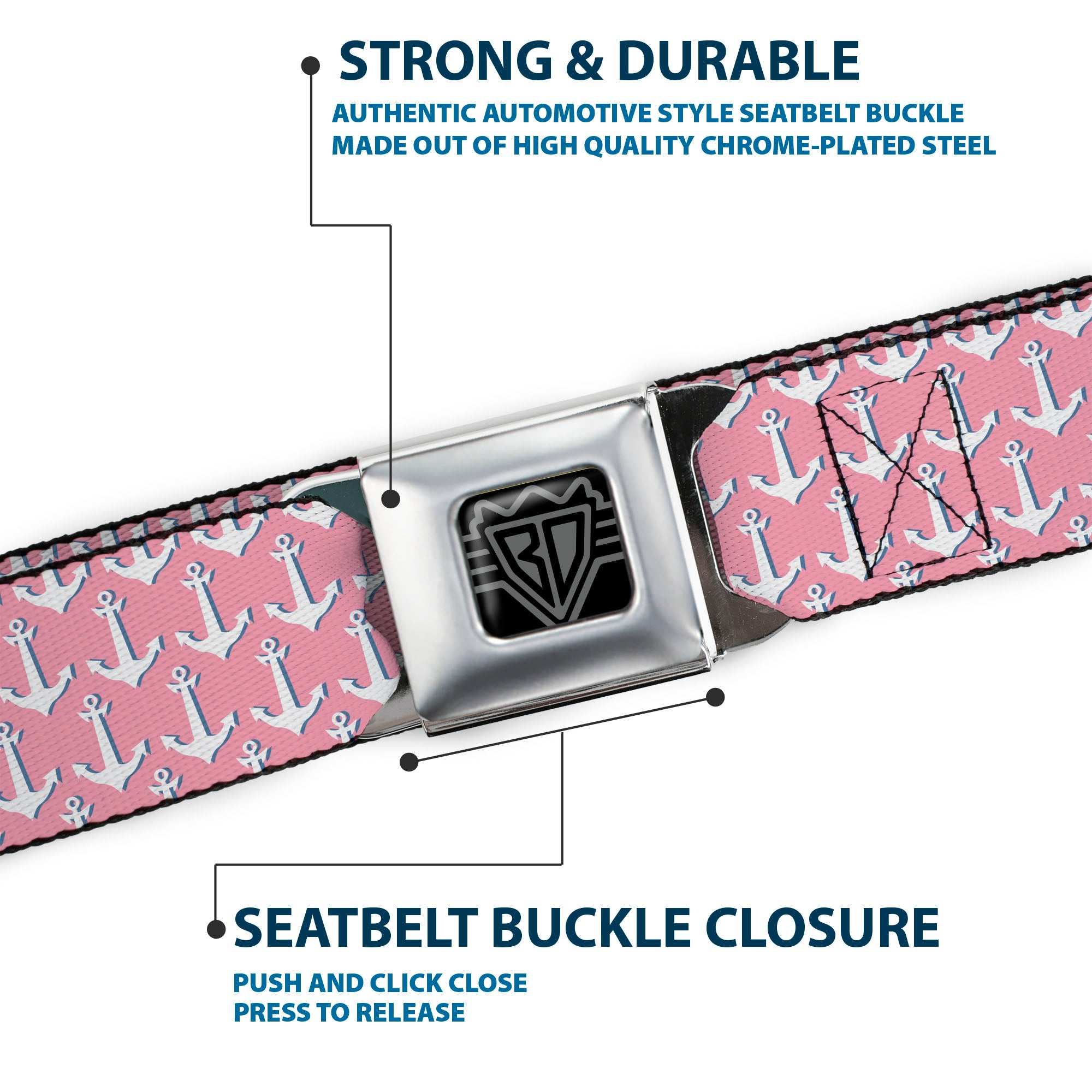 BD Wings Logo CLOSE-UP Full Color Black Silver Seatbelt Belt - Anchor2 Monogram Baby Pink/Baby Blue/White Webbing Seatbelt Belts Buckle-Down